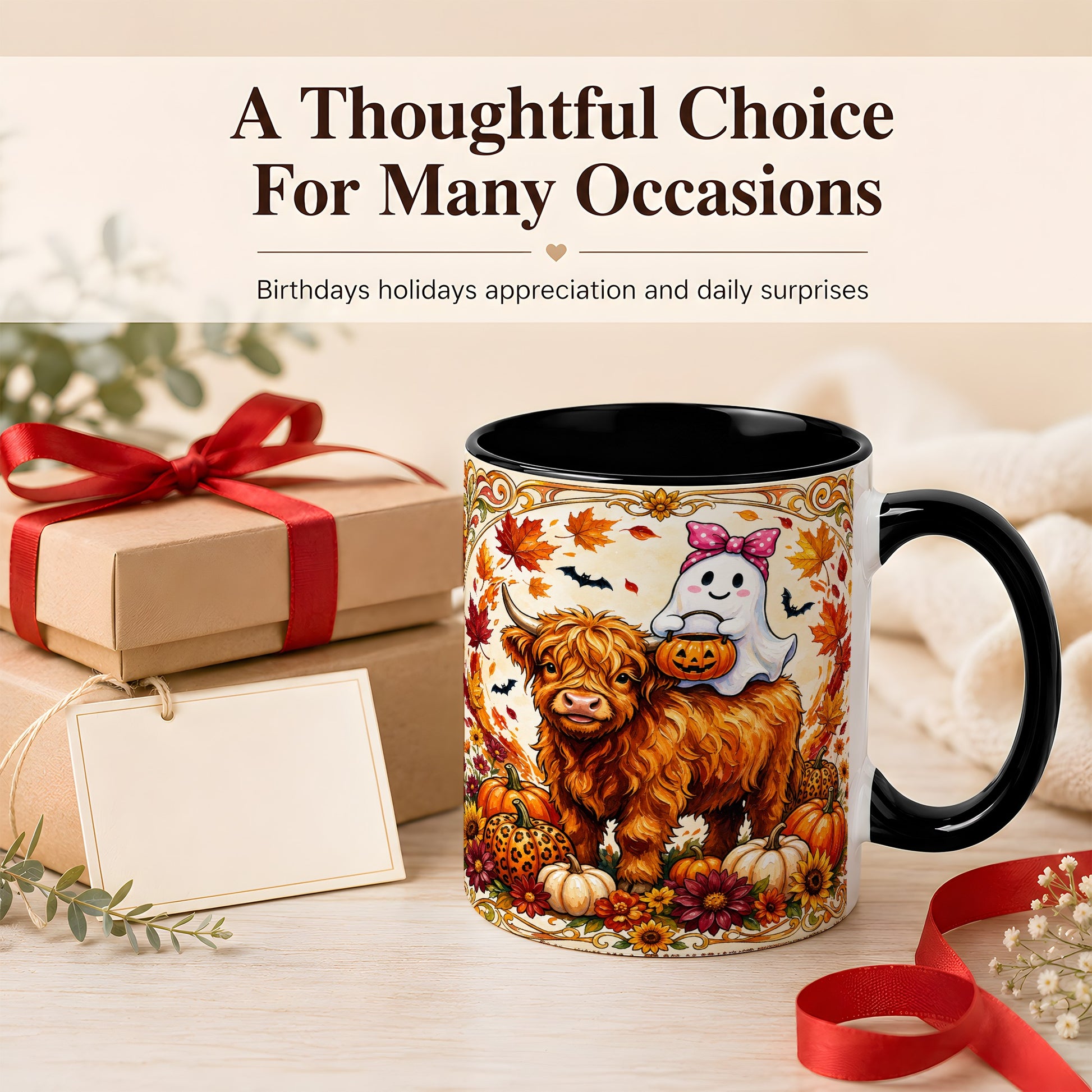 #pl[11oz|Black] Highland Cow Ghost Coffee Mug, Pumpkin Cow Mug, Ceramic Cup