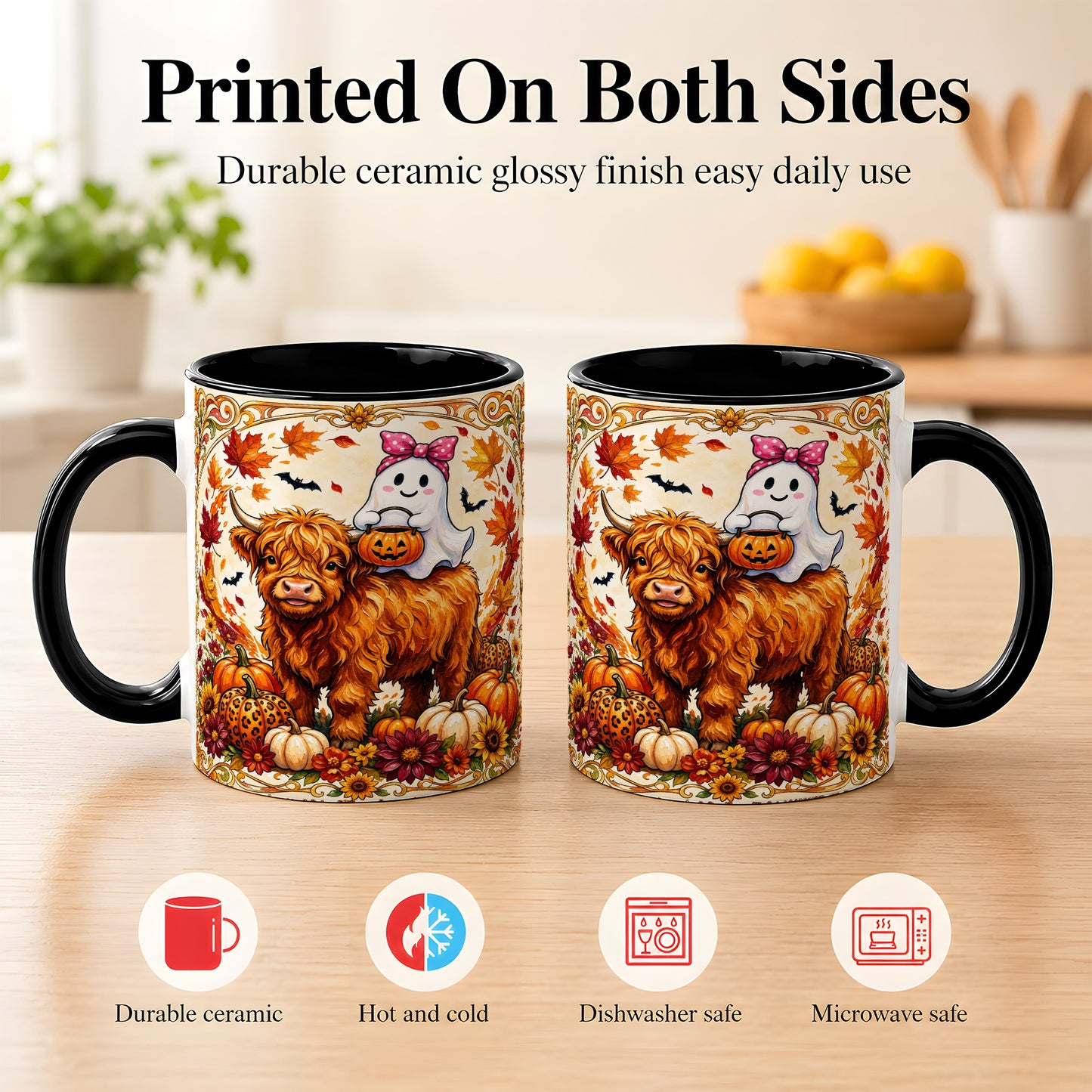 #pl[11oz|Black] Highland Cow Ghost Coffee Mug, Pumpkin Cow Mug, Ceramic Cup