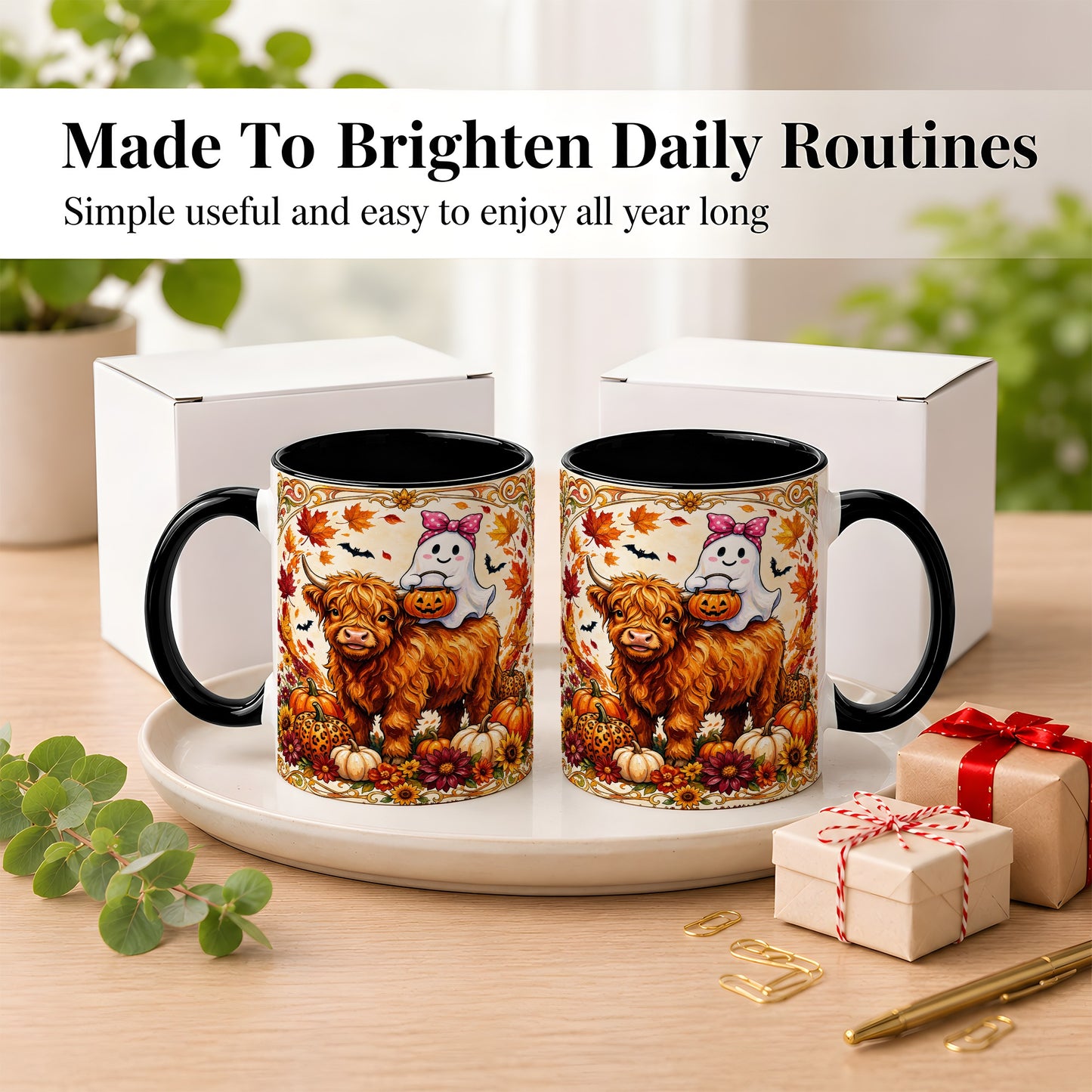#pl[11oz|Black] Highland Cow Ghost Coffee Mug, Pumpkin Cow Mug, Ceramic Cup