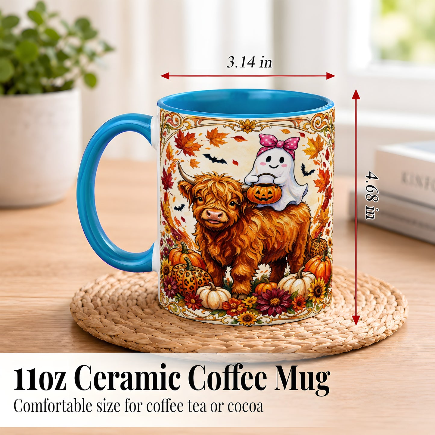 #pl[11oz|Blue] Highland Cow Ghost Coffee Mug, Pumpkin Cow Mug, Ceramic Cup