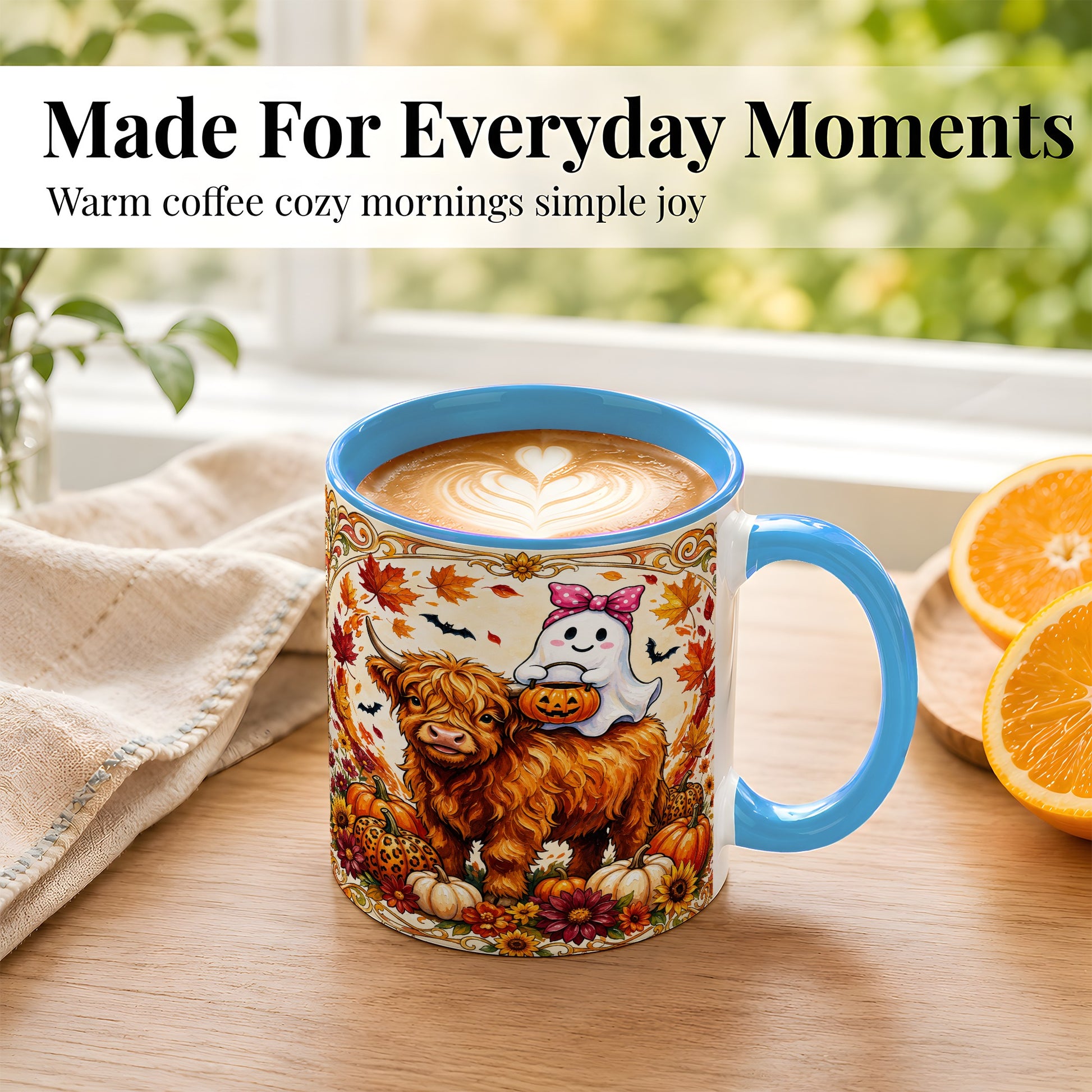 #pl[11oz|Blue] Highland Cow Ghost Coffee Mug, Pumpkin Cow Mug, Ceramic Cup