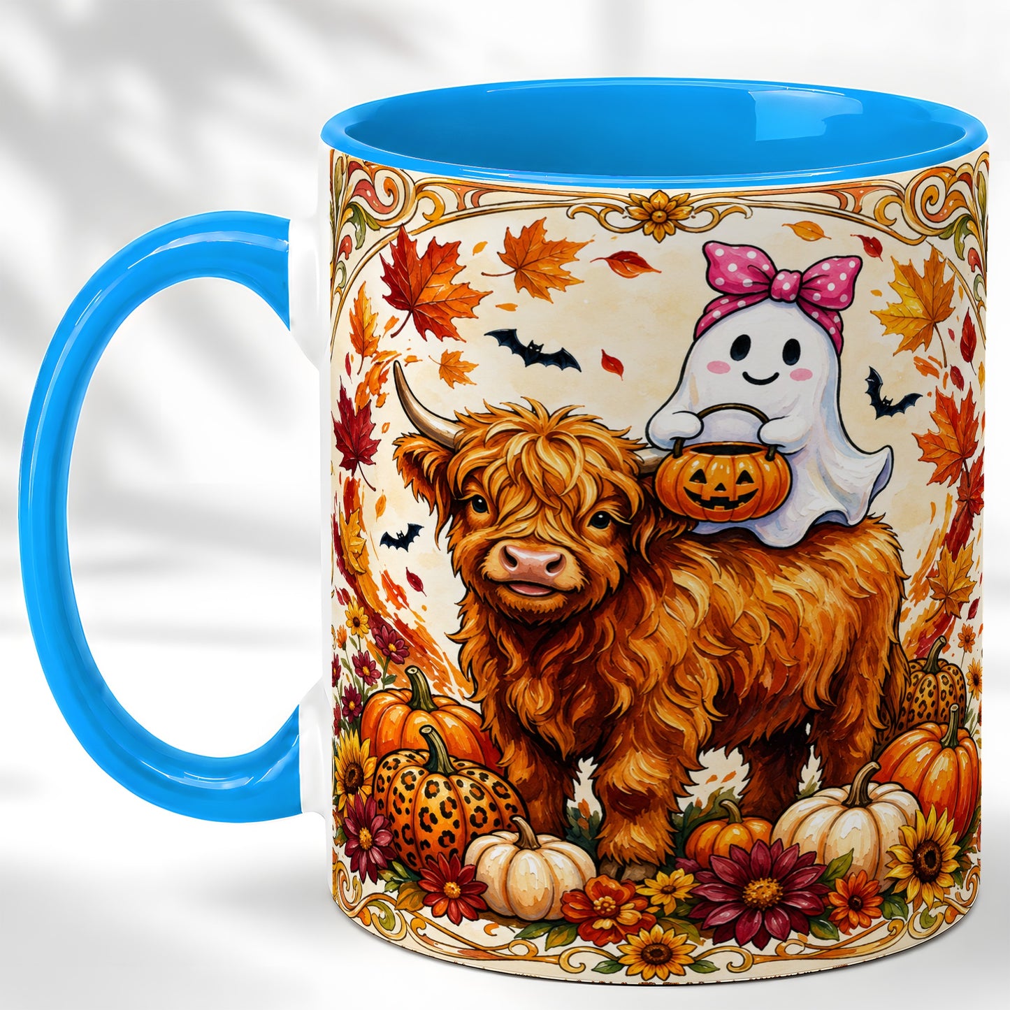 #pl[11oz|Blue] Highland Cow Ghost Coffee Mug, Pumpkin Cow Mug, Ceramic Cup