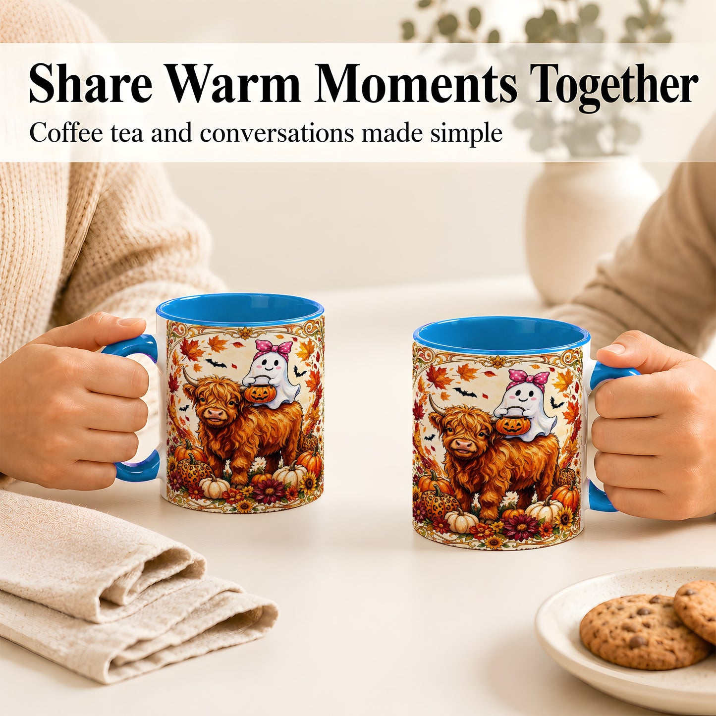 #pl[11oz|Blue] Highland Cow Ghost Coffee Mug, Pumpkin Cow Mug, Ceramic Cup