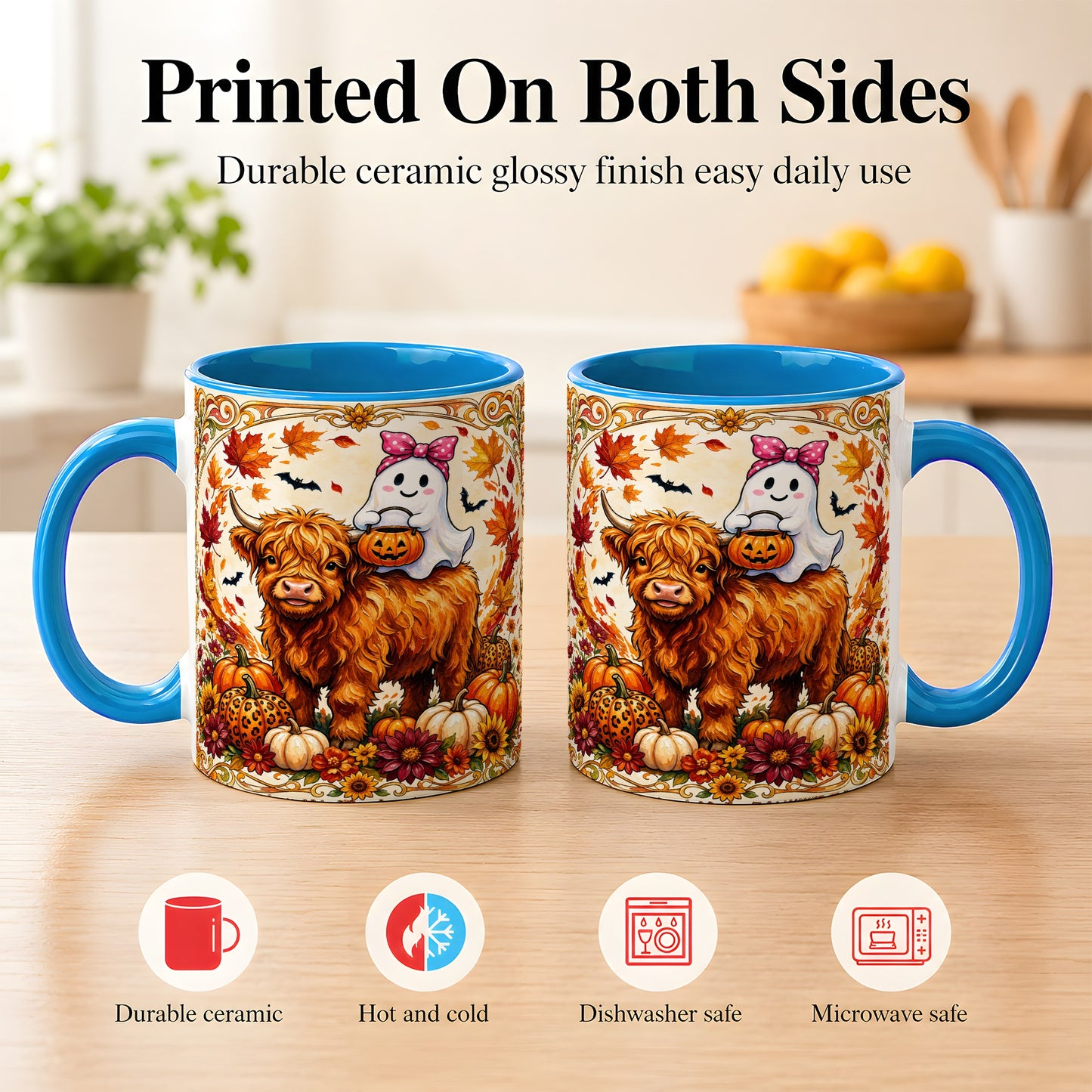 #pl[11oz|Blue] Highland Cow Ghost Coffee Mug, Pumpkin Cow Mug, Ceramic Cup