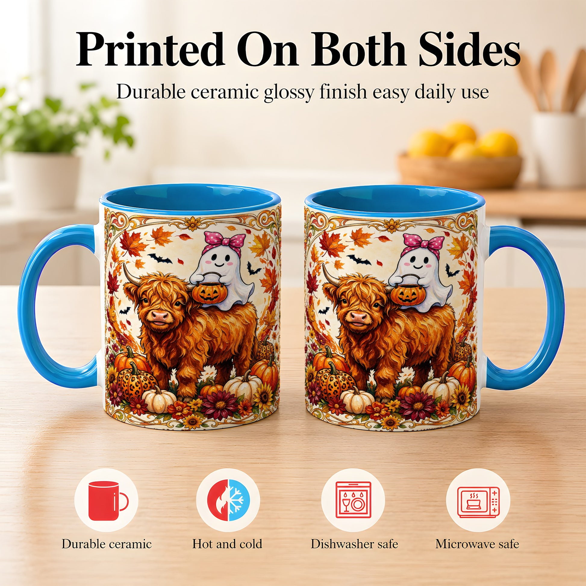 #pl[11oz|Blue] Highland Cow Ghost Coffee Mug, Pumpkin Cow Mug, Ceramic Cup