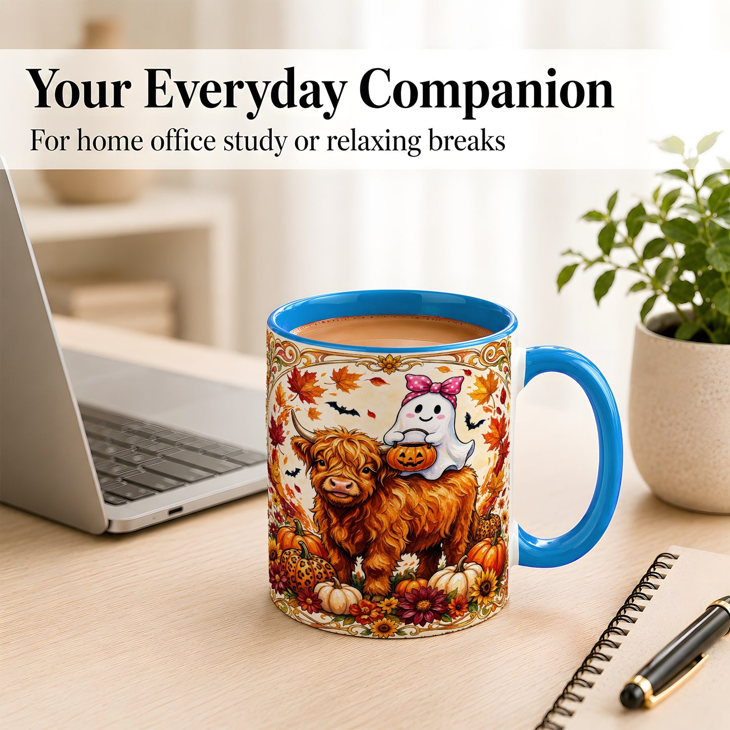 #pl[11oz|Blue] Highland Cow Ghost Coffee Mug, Pumpkin Cow Mug, Ceramic Cup