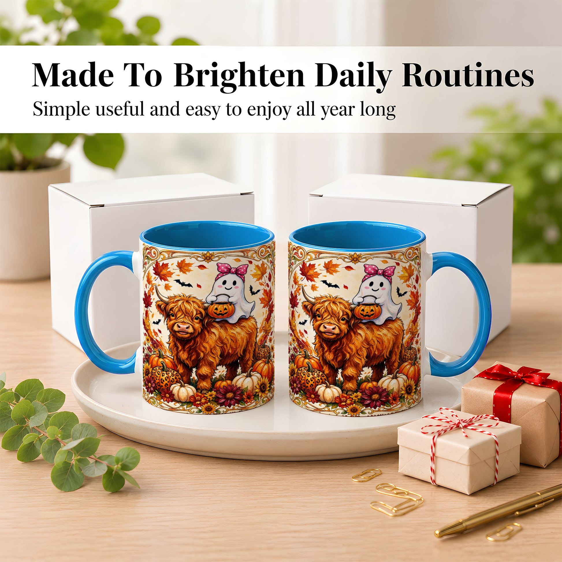 #pl[11oz|Blue] Highland Cow Ghost Coffee Mug, Pumpkin Cow Mug, Ceramic Cup