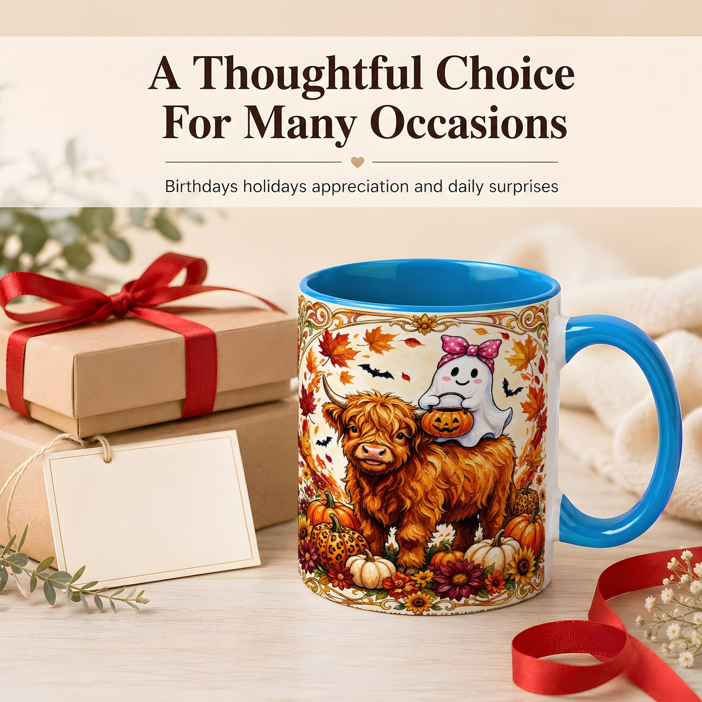 #pl[11oz|Blue] Highland Cow Ghost Coffee Mug, Pumpkin Cow Mug, Ceramic Cup
