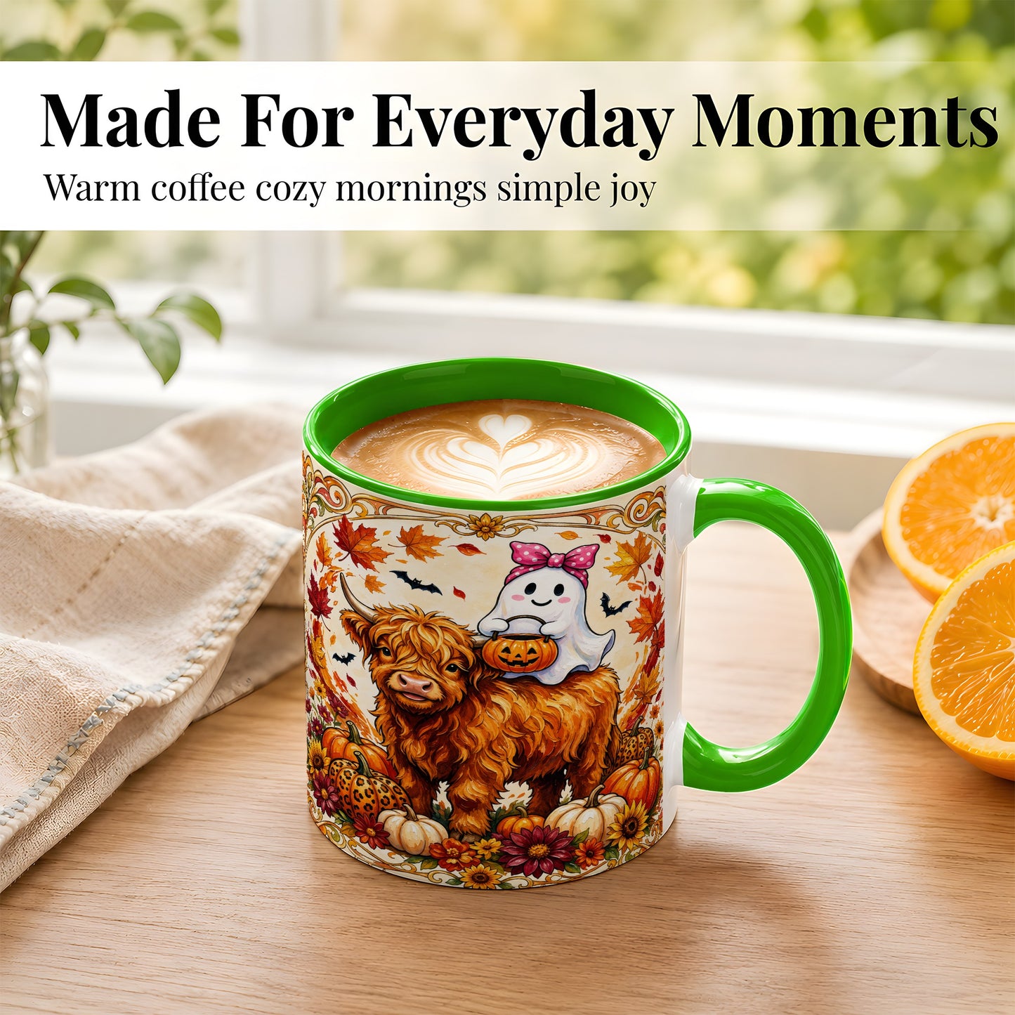 #pl[11oz|Green] Highland Cow Ghost Coffee Mug, Pumpkin Cow Mug, Ceramic Cup