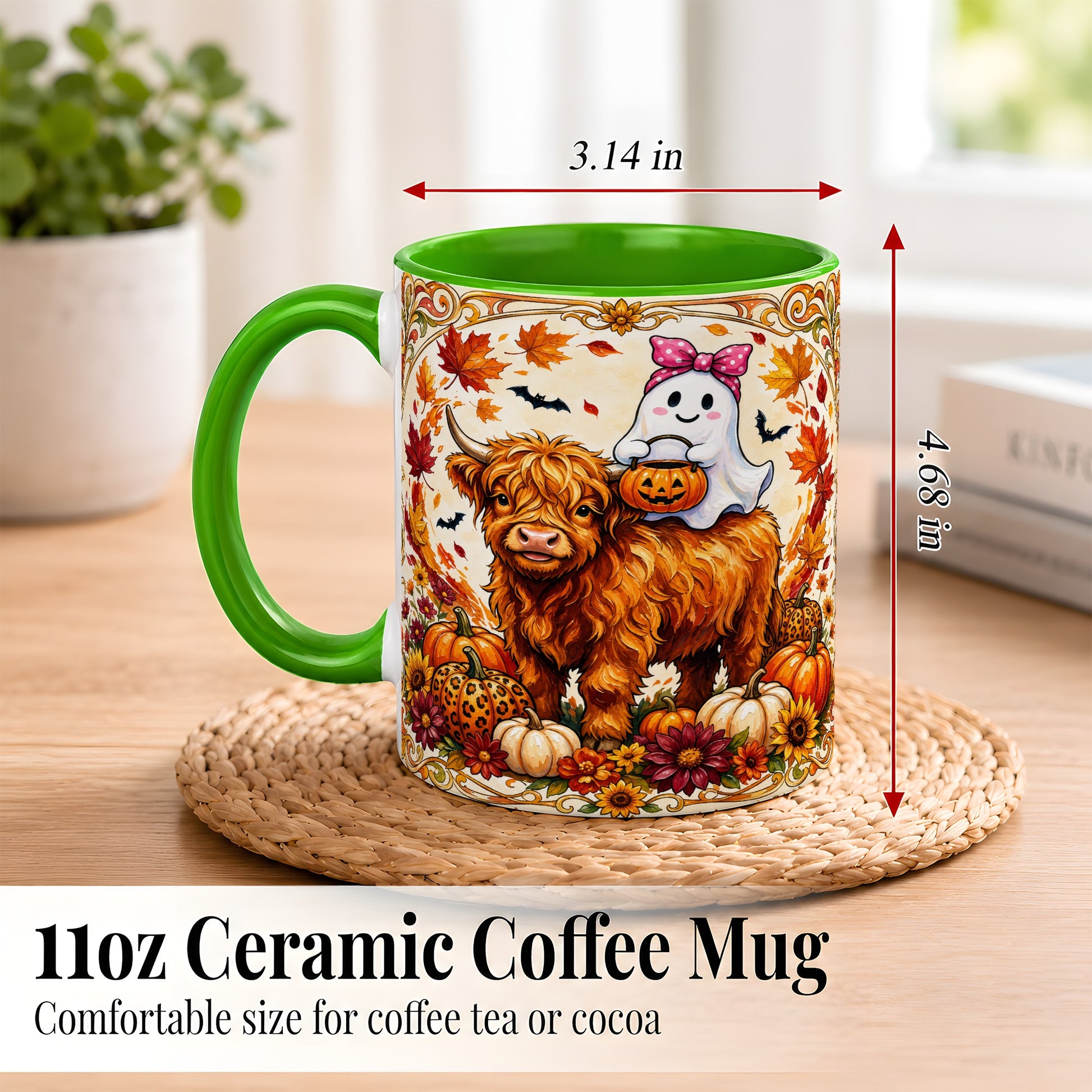 #pl[11oz|Green] Highland Cow Ghost Coffee Mug, Pumpkin Cow Mug, Ceramic Cup