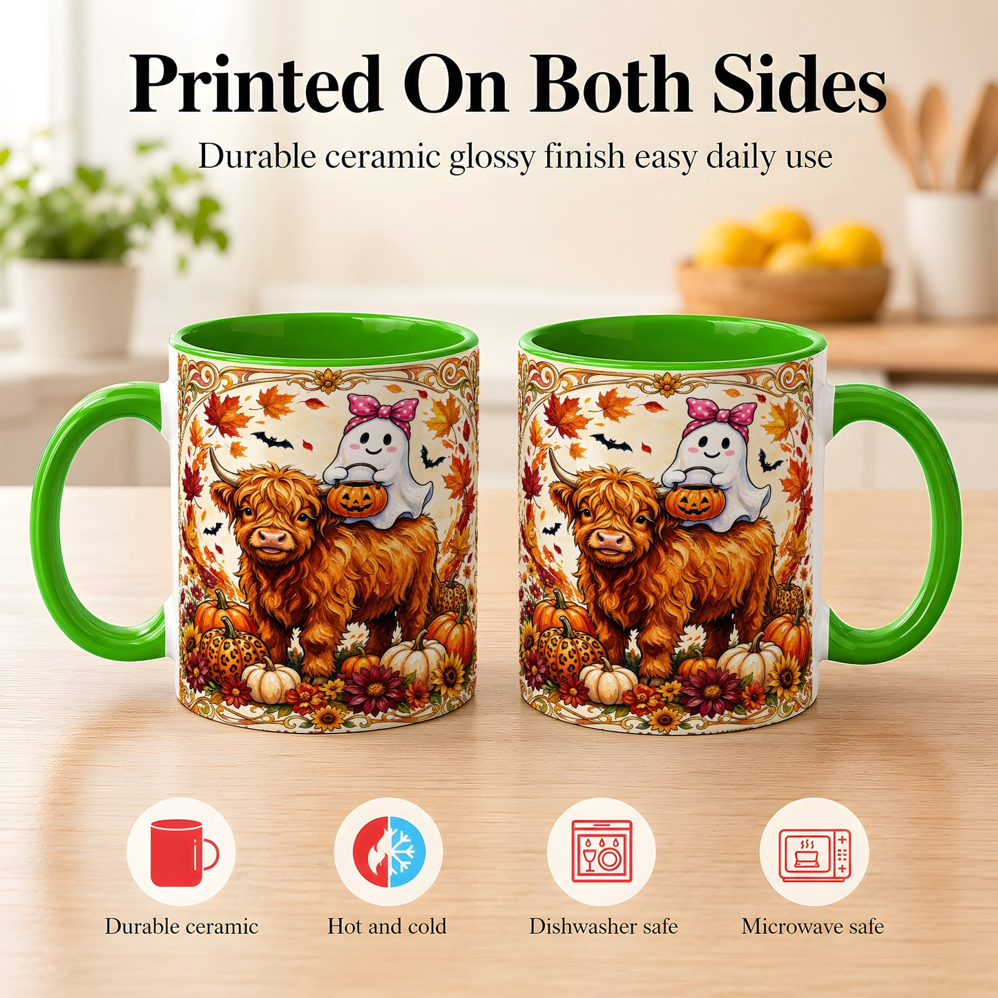 #pl[11oz|Green] Highland Cow Ghost Coffee Mug, Pumpkin Cow Mug, Ceramic Cup