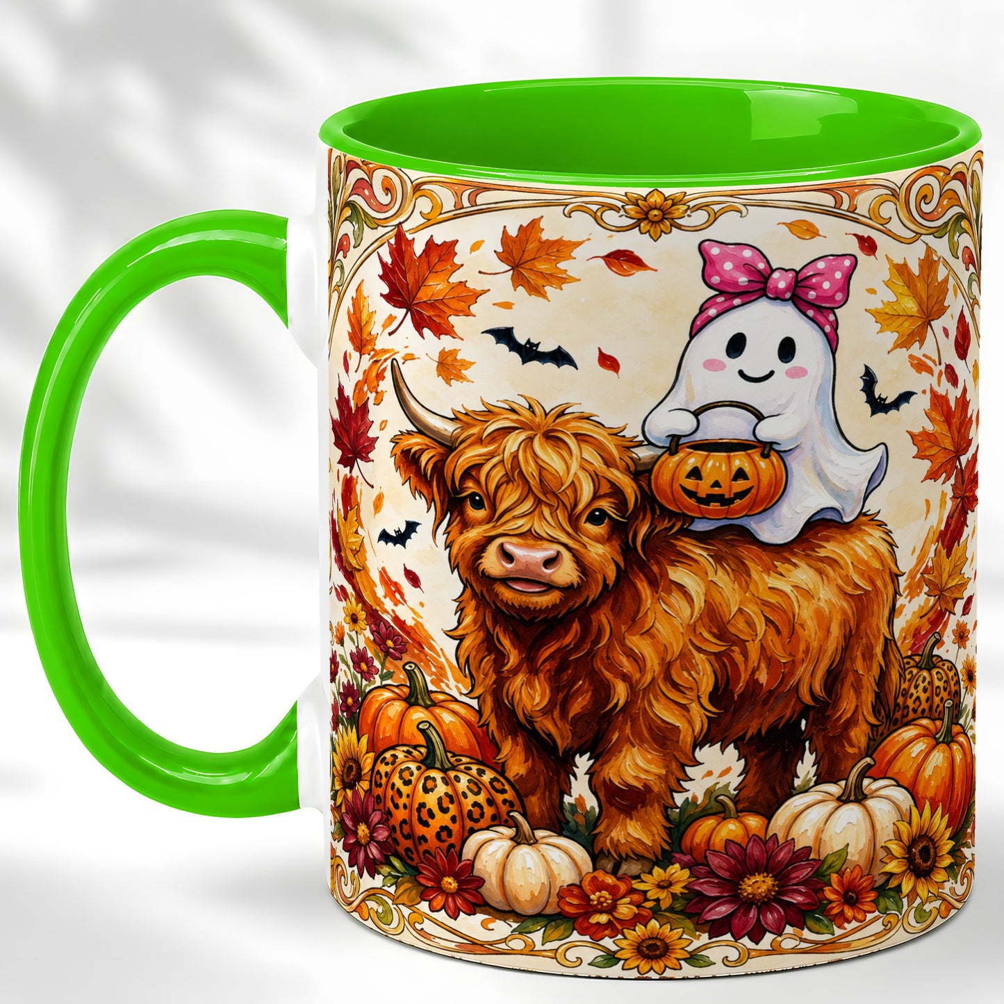 #pl[11oz|Green] Highland Cow Ghost Coffee Mug, Pumpkin Cow Mug, Ceramic Cup