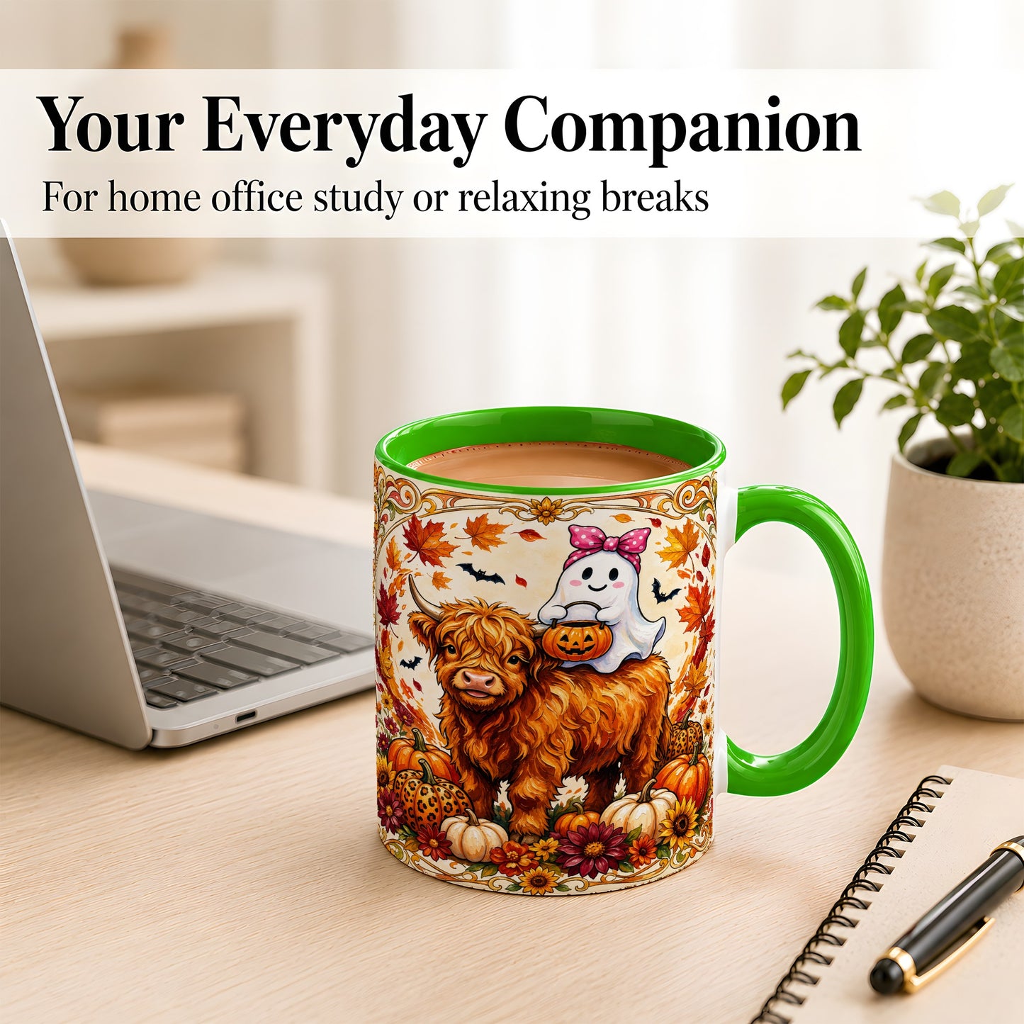 #pl[11oz|Green] Highland Cow Ghost Coffee Mug, Pumpkin Cow Mug, Ceramic Cup