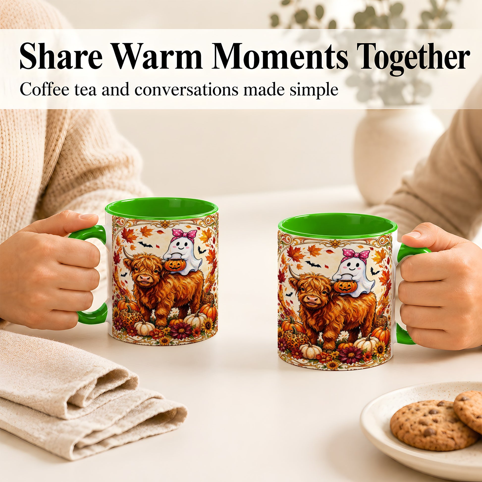 #pl[11oz|Green] Highland Cow Ghost Coffee Mug, Pumpkin Cow Mug, Ceramic Cup