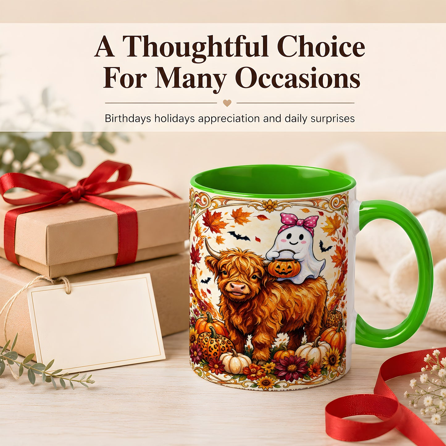 #pl[11oz|Green] Highland Cow Ghost Coffee Mug, Pumpkin Cow Mug, Ceramic Cup