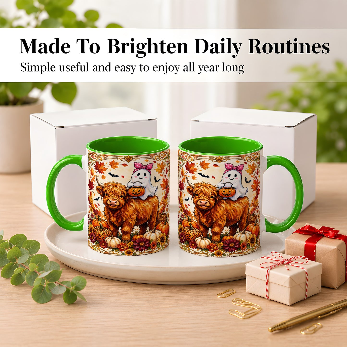 #pl[11oz|Green] Highland Cow Ghost Coffee Mug, Pumpkin Cow Mug, Ceramic Cup