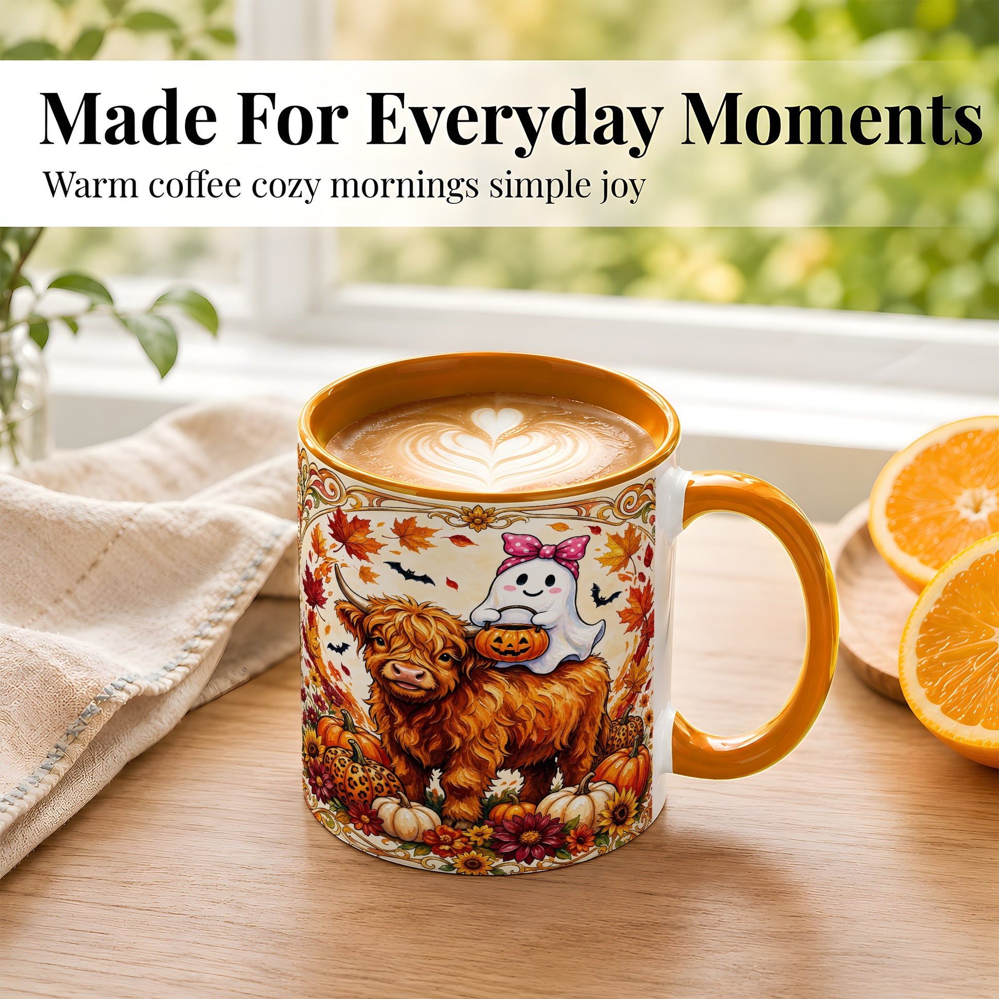 #pl[11oz|Orange] Highland Cow Ghost Coffee Mug, Pumpkin Cow Mug, Ceramic Cup