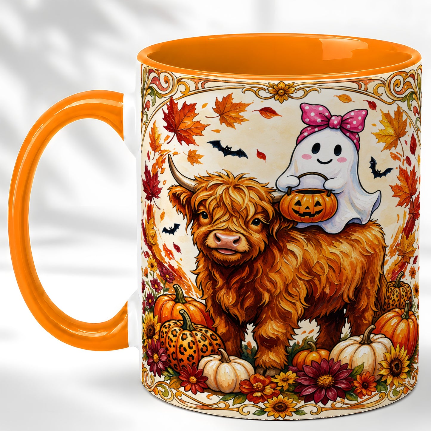 #pl[11oz|Orange] Highland Cow Ghost Coffee Mug, Pumpkin Cow Mug, Ceramic Cup