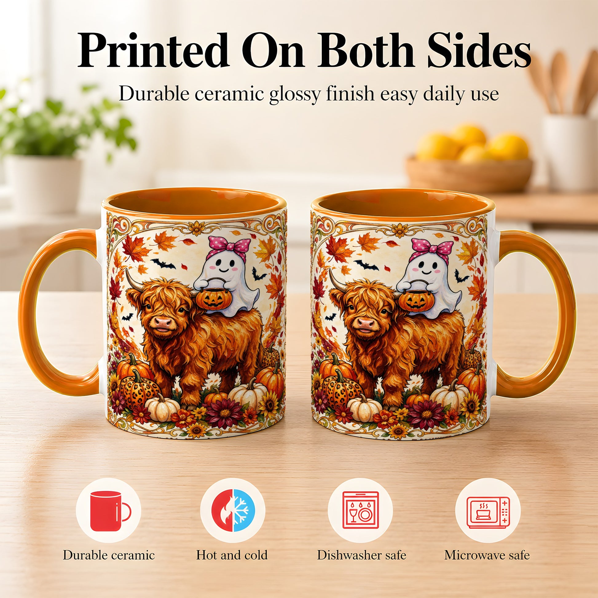 #pl[11oz|Orange] Highland Cow Ghost Coffee Mug, Pumpkin Cow Mug, Ceramic Cup