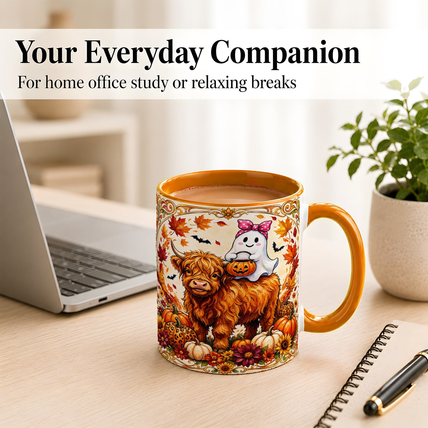 #pl[11oz|Orange] Highland Cow Ghost Coffee Mug, Pumpkin Cow Mug, Ceramic Cup