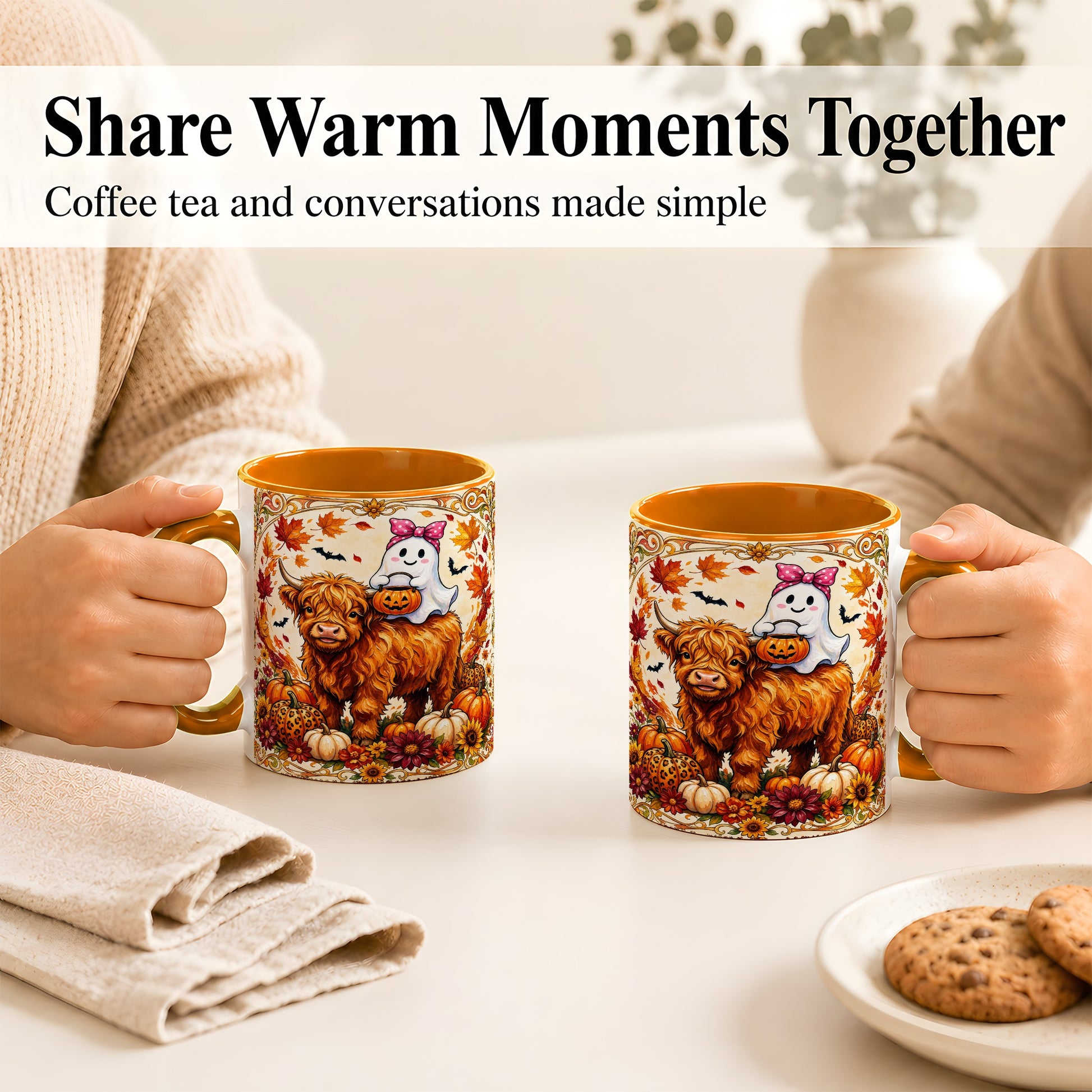 #pl[11oz|Orange] Highland Cow Ghost Coffee Mug, Pumpkin Cow Mug, Ceramic Cup