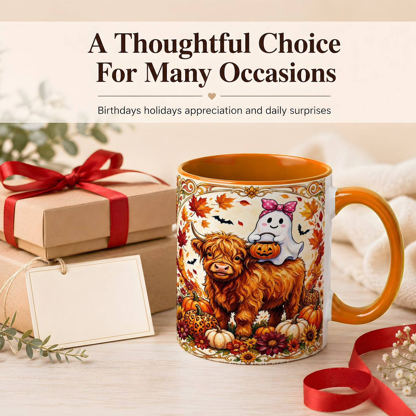 #pl[11oz|Orange] Highland Cow Ghost Coffee Mug, Pumpkin Cow Mug, Ceramic Cup