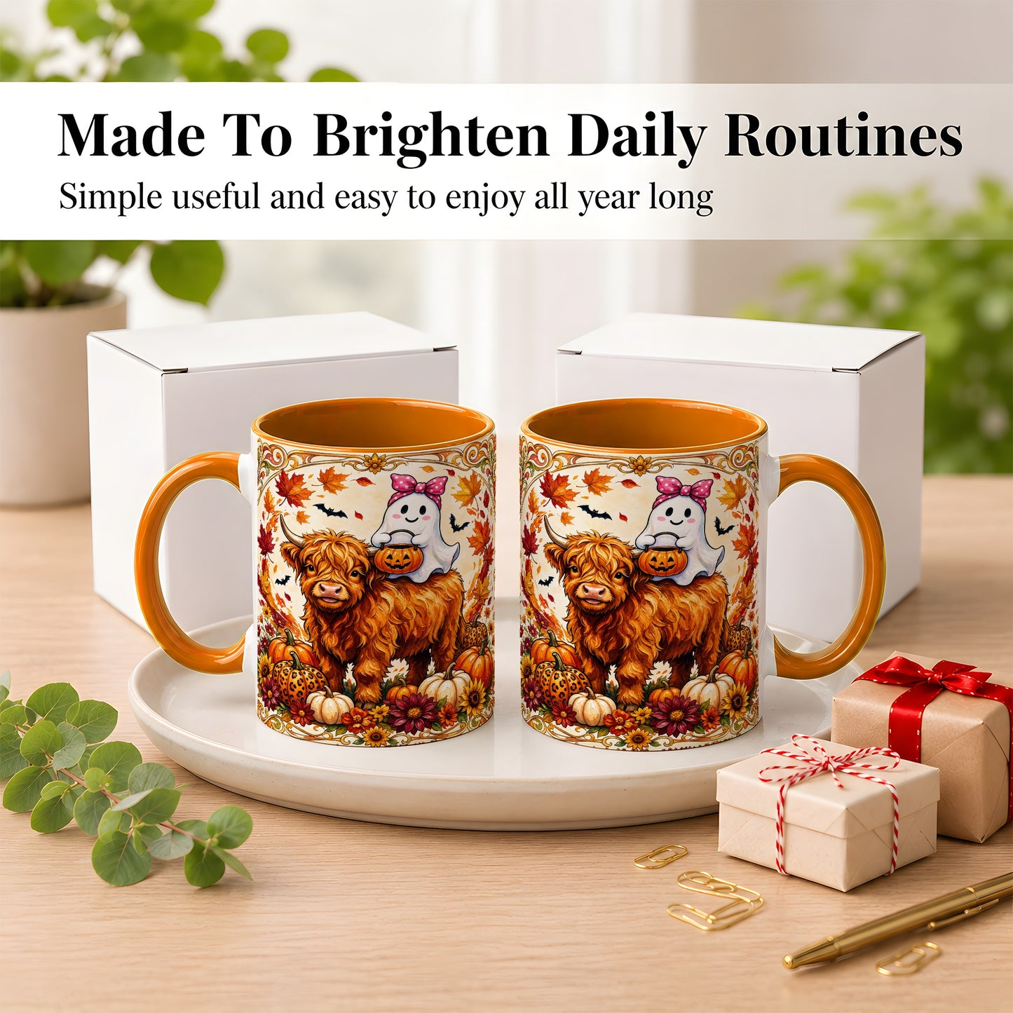 #pl[11oz|Orange] Highland Cow Ghost Coffee Mug, Pumpkin Cow Mug, Ceramic Cup