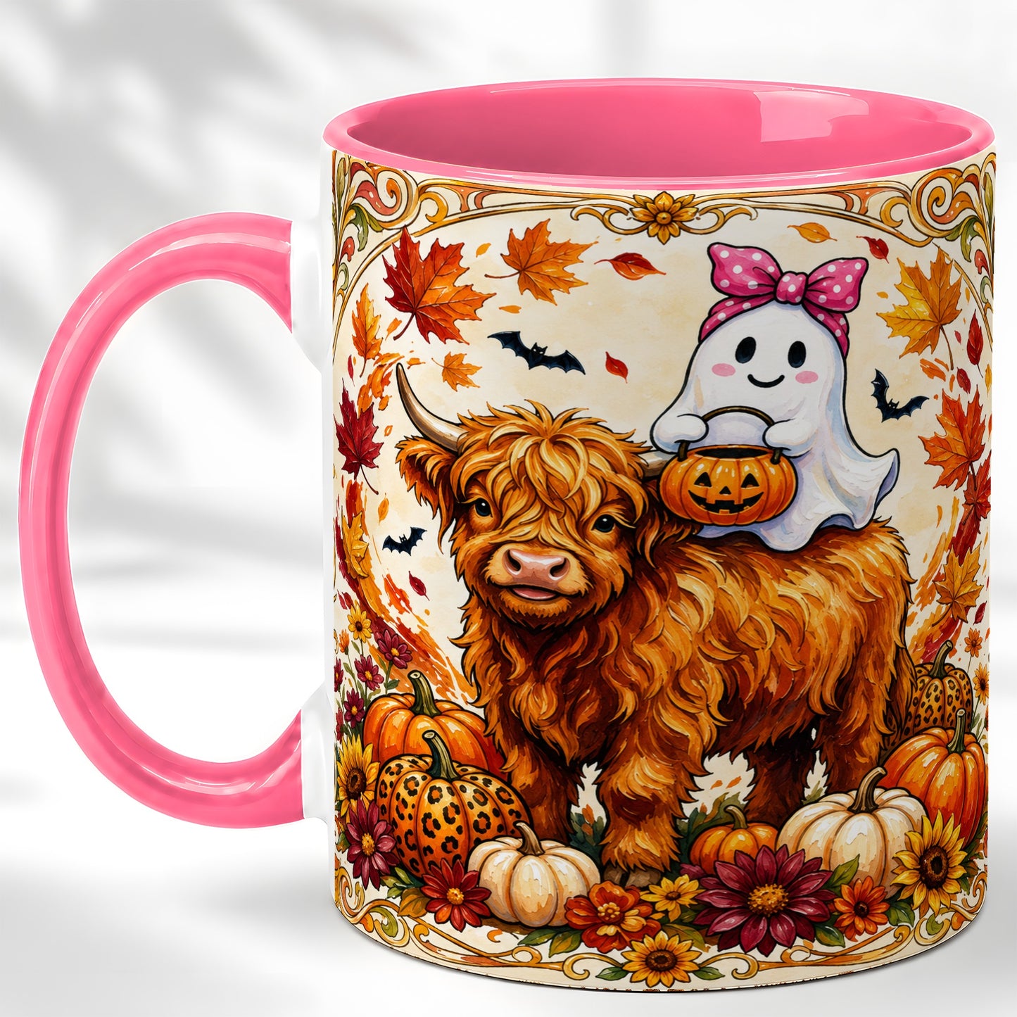 #pl[11oz|Pink] Highland Cow Ghost Coffee Mug, Pumpkin Cow Mug, Ceramic Cup