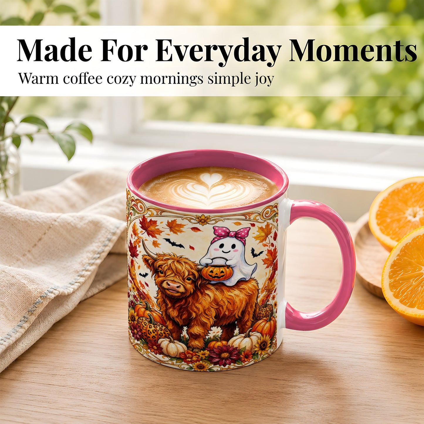 #pl[11oz|Pink] Highland Cow Ghost Coffee Mug, Pumpkin Cow Mug, Ceramic Cup