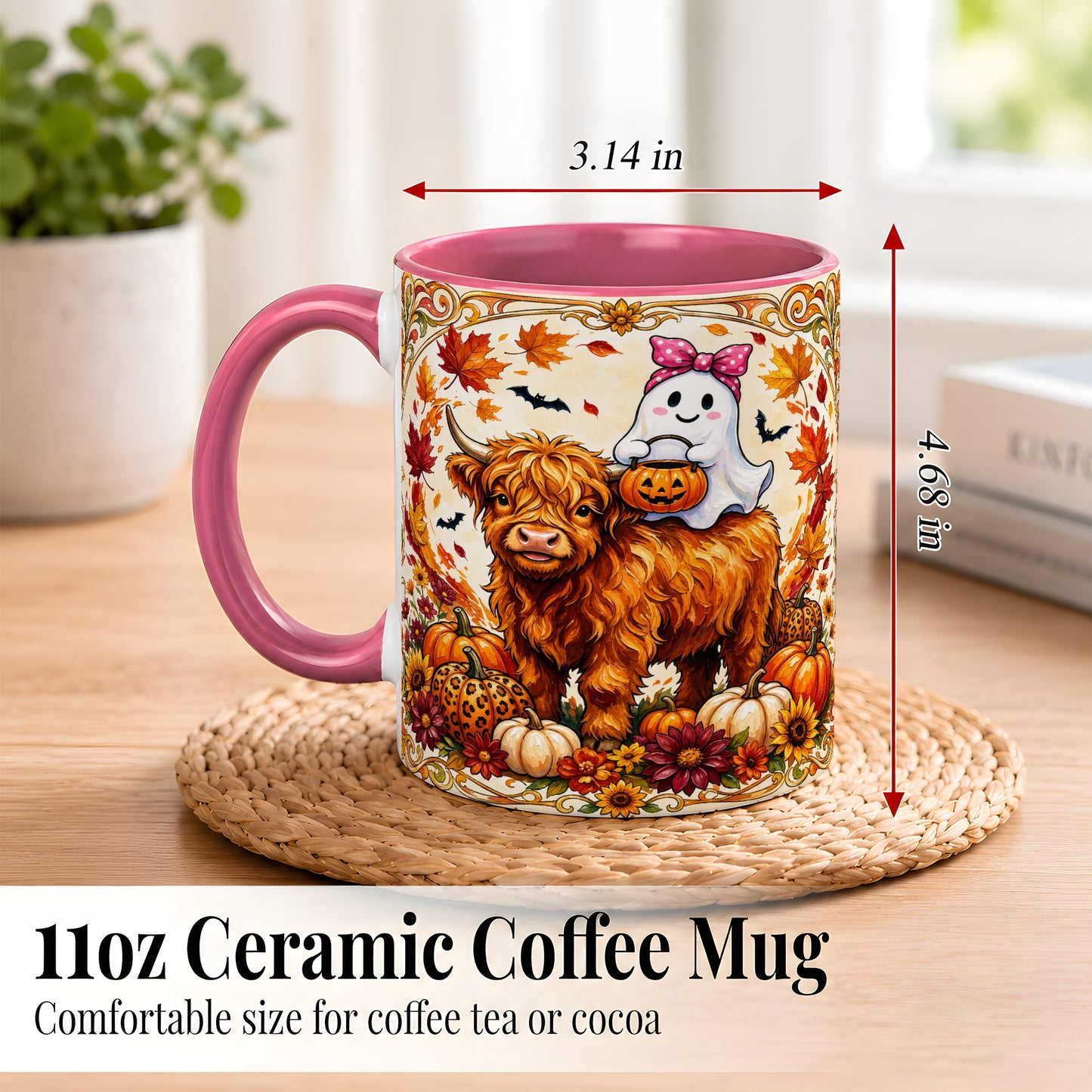 #pl[11oz|Pink] Highland Cow Ghost Coffee Mug, Pumpkin Cow Mug, Ceramic Cup
