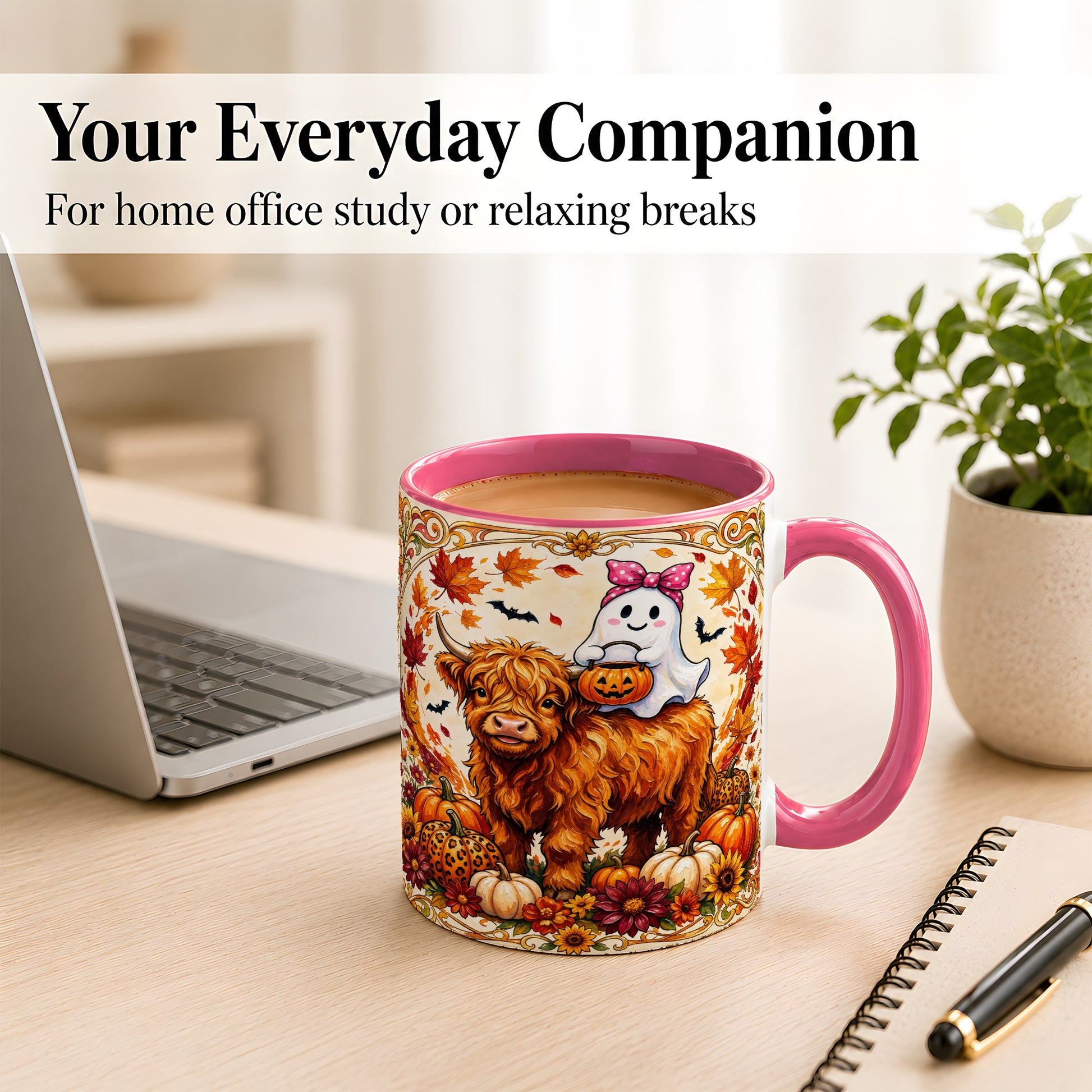 #pl[11oz|Pink] Highland Cow Ghost Coffee Mug, Pumpkin Cow Mug, Ceramic Cup