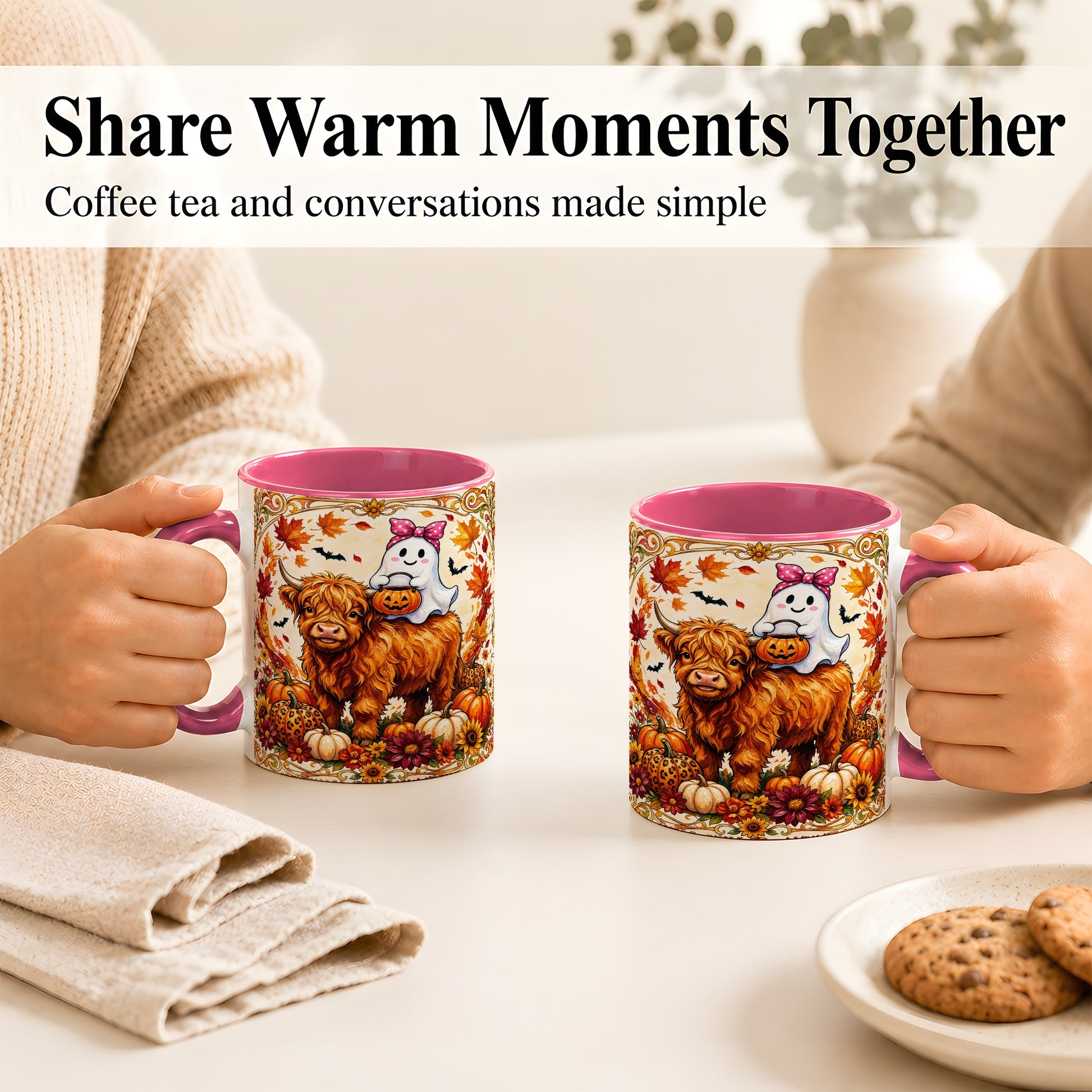 #pl[11oz|Pink] Highland Cow Ghost Coffee Mug, Pumpkin Cow Mug, Ceramic Cup
