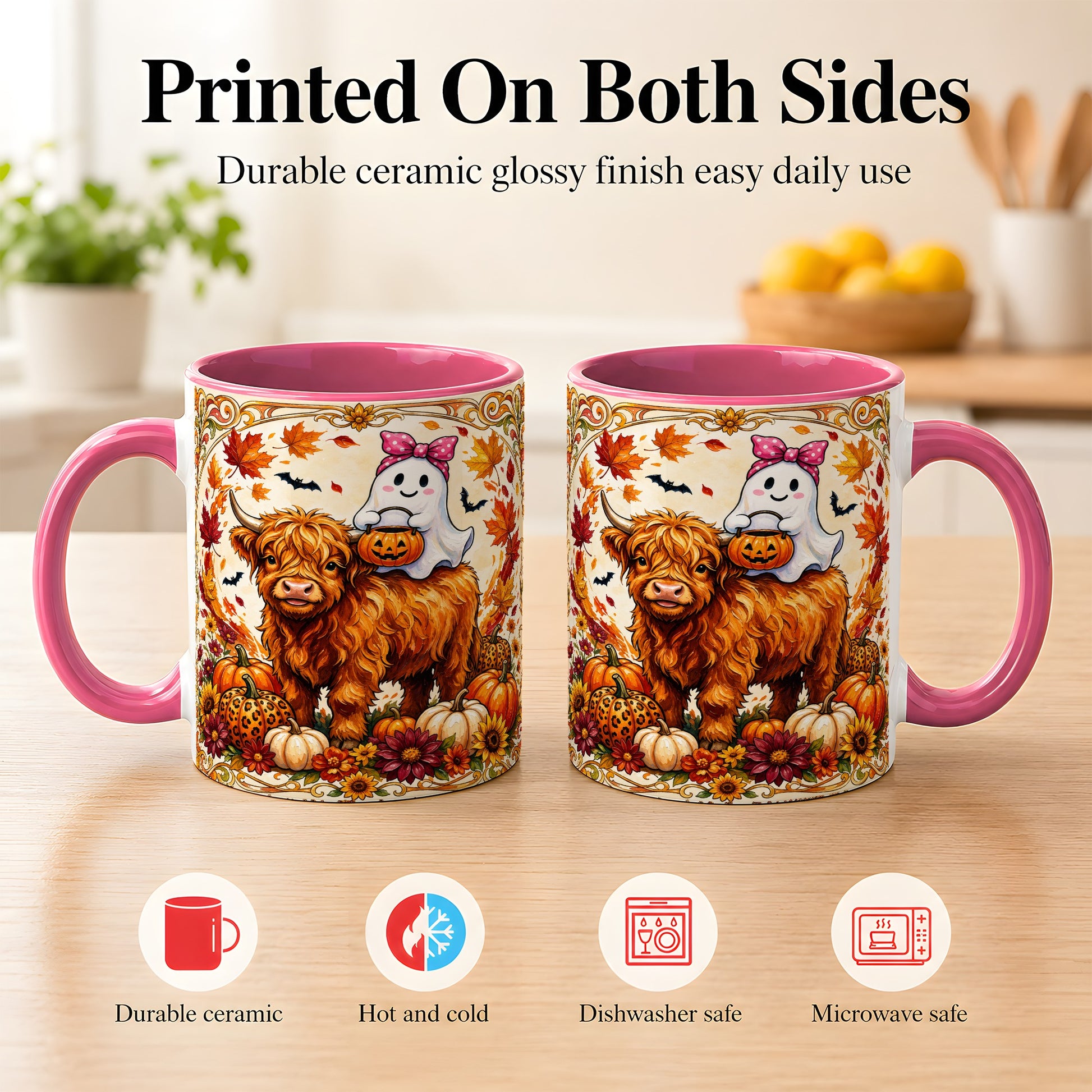 #pl[11oz|Pink] Highland Cow Ghost Coffee Mug, Pumpkin Cow Mug, Ceramic Cup