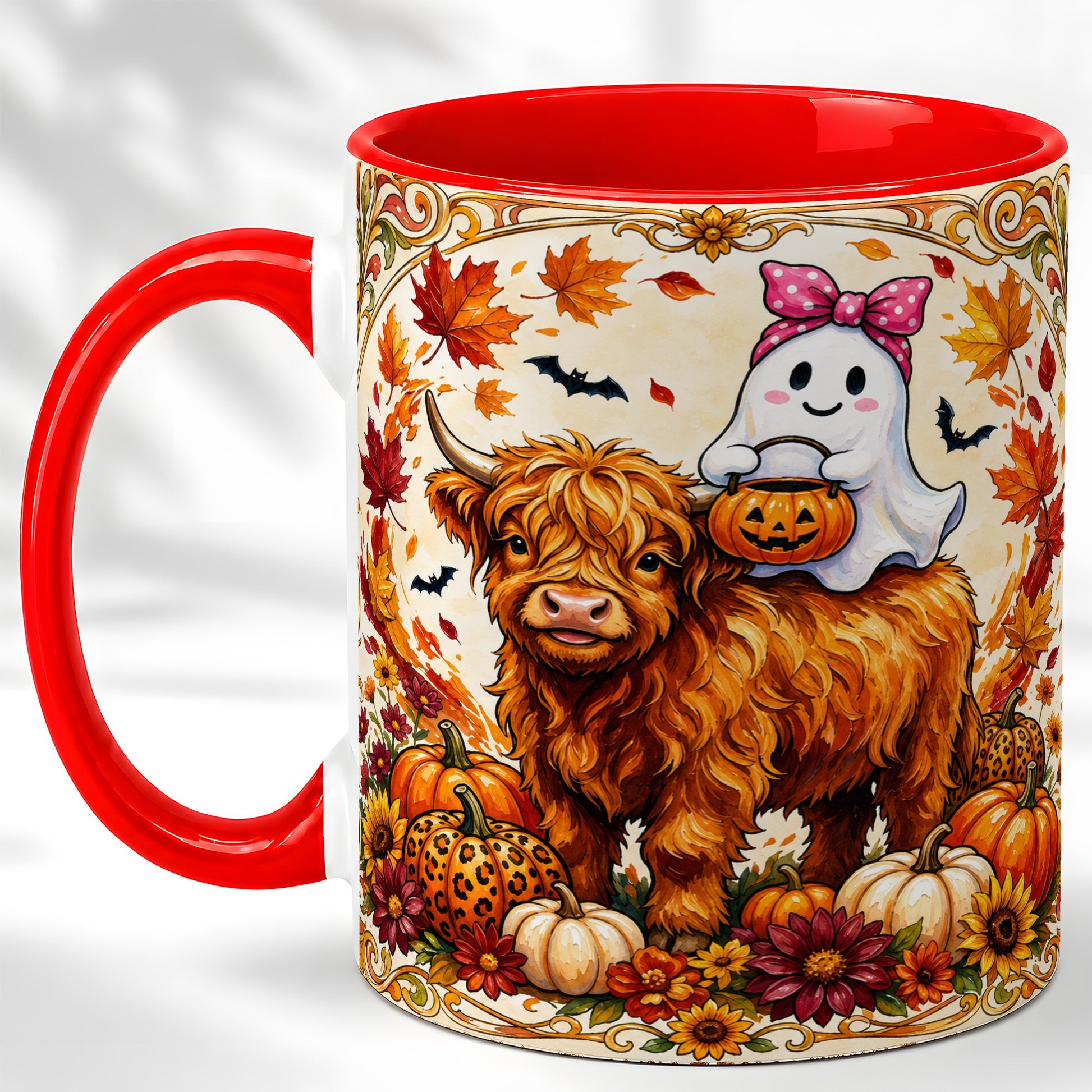 #pl[11oz|Red] Highland Cow Ghost Coffee Mug, Pumpkin Cow Mug, Ceramic Cup