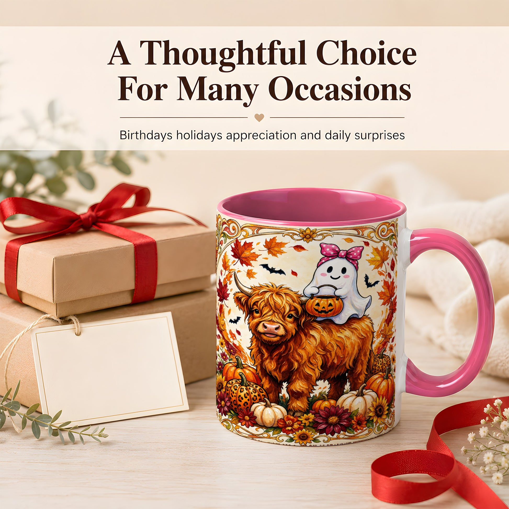 #pl[11oz|Pink] Highland Cow Ghost Coffee Mug, Pumpkin Cow Mug, Ceramic Cup