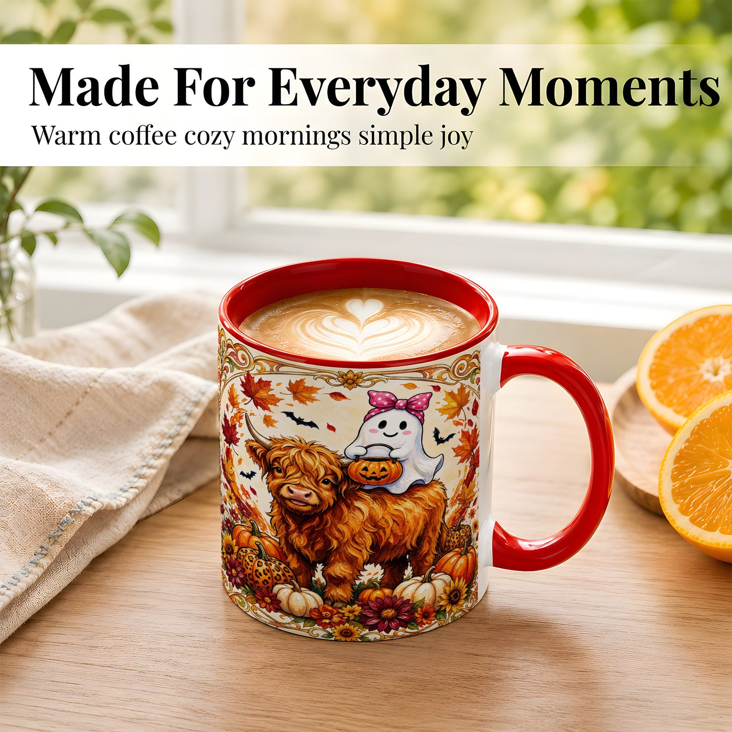 #pl[11oz|Red] Highland Cow Ghost Coffee Mug, Pumpkin Cow Mug, Ceramic Cup