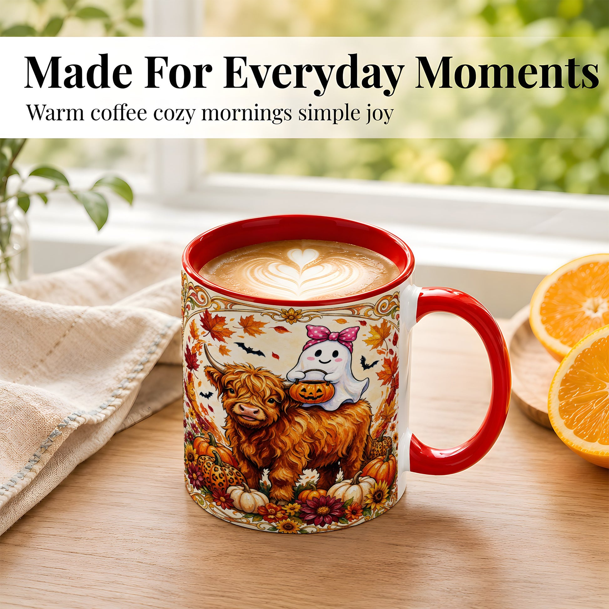 #pl[11oz|Red] Highland Cow Ghost Coffee Mug, Pumpkin Cow Mug, Ceramic Cup