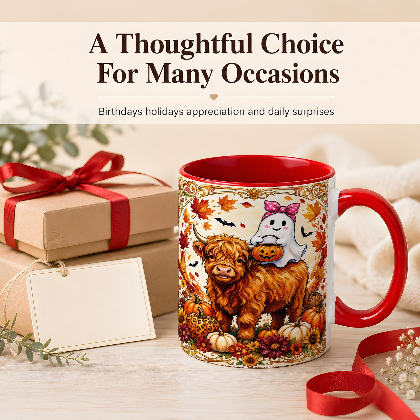 #pl[11oz|Red] Highland Cow Ghost Coffee Mug, Pumpkin Cow Mug, Ceramic Cup