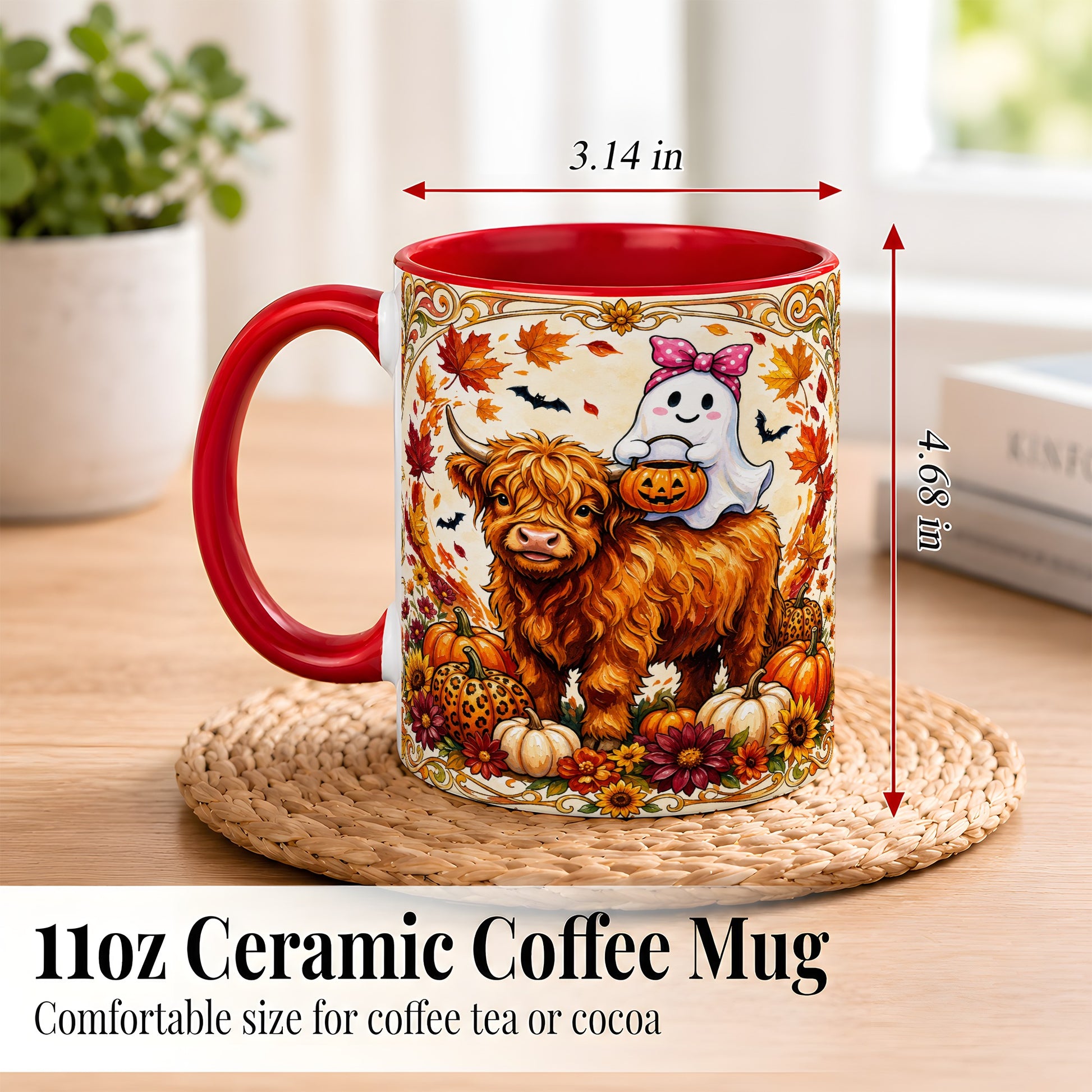 #pl[11oz|Red] Highland Cow Ghost Coffee Mug, Pumpkin Cow Mug, Ceramic Cup