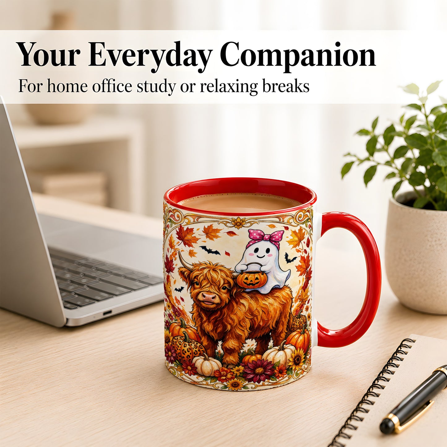 #pl[11oz|Red] Highland Cow Ghost Coffee Mug, Pumpkin Cow Mug, Ceramic Cup