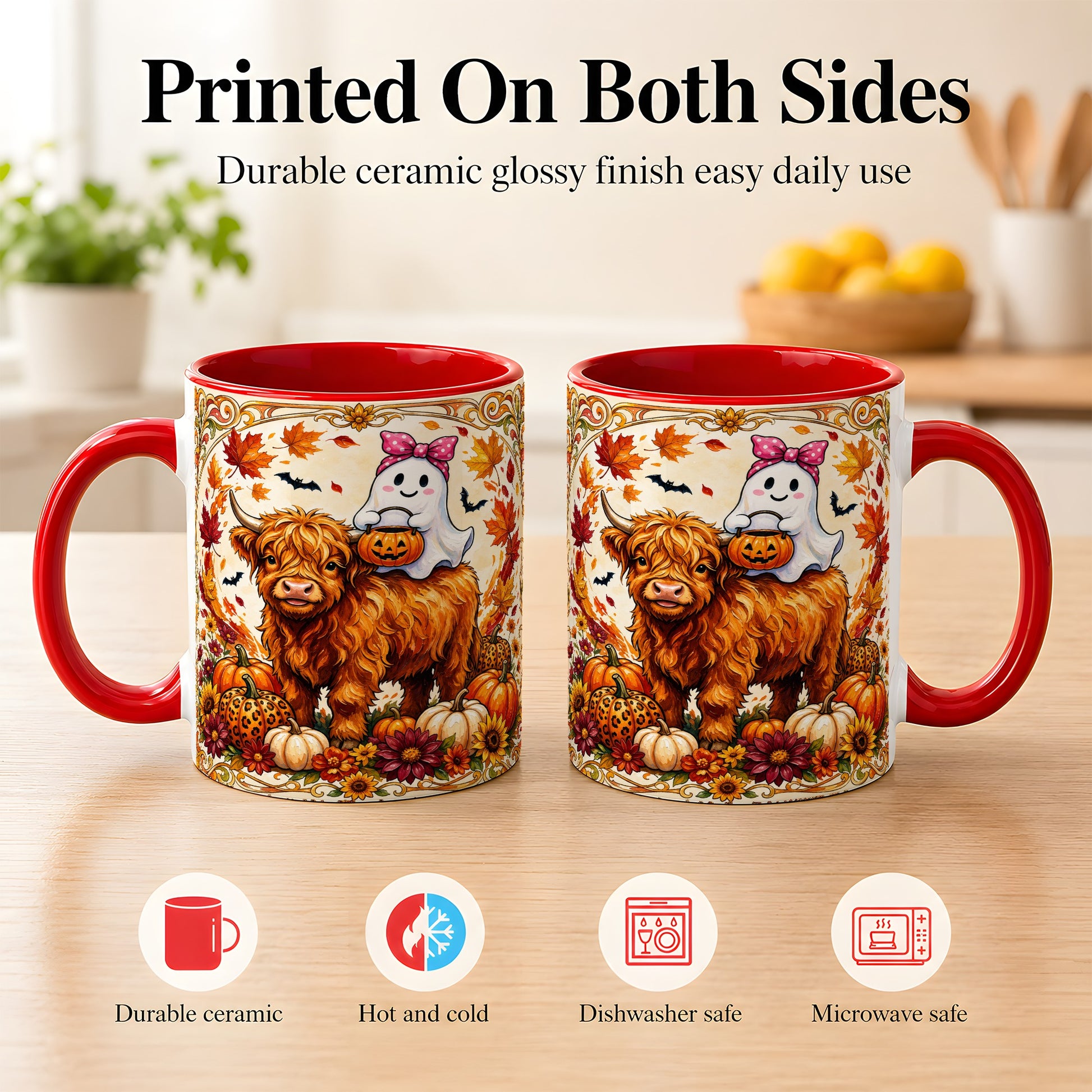 #pl[11oz|Red] Highland Cow Ghost Coffee Mug, Pumpkin Cow Mug, Ceramic Cup