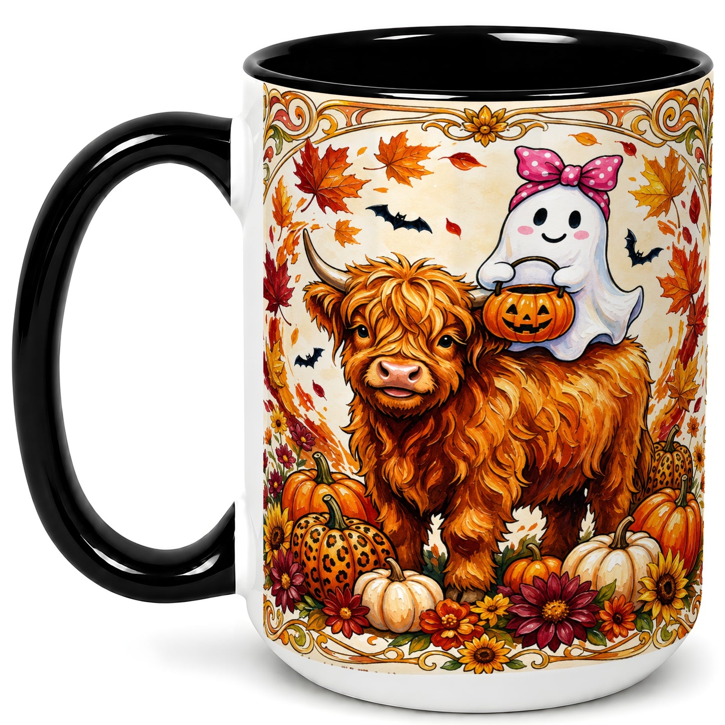 #pl[15oz|Black] Highland Cow Ghost Coffee Mug, Pumpkin Cow Mug, Ceramic Cup