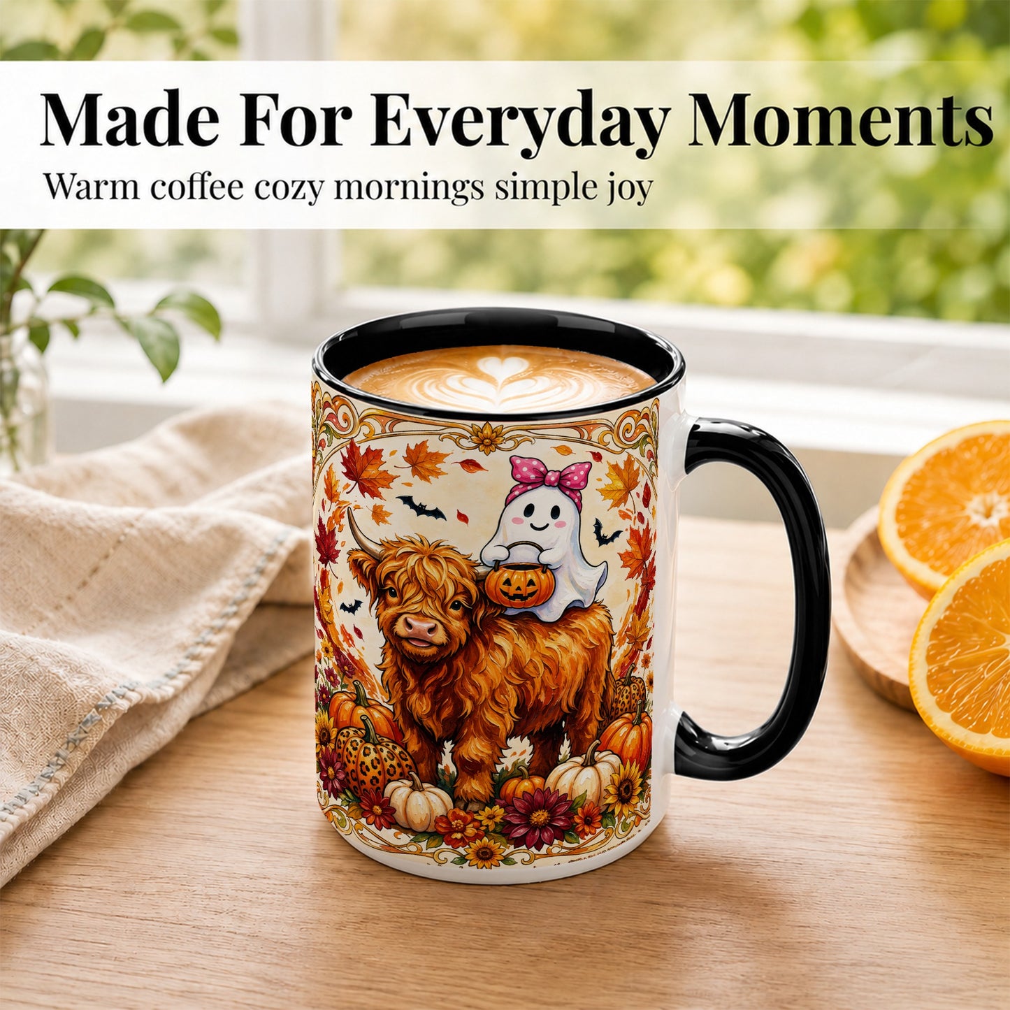 #pl[15oz|Black] Highland Cow Ghost Coffee Mug, Pumpkin Cow Mug, Ceramic Cup