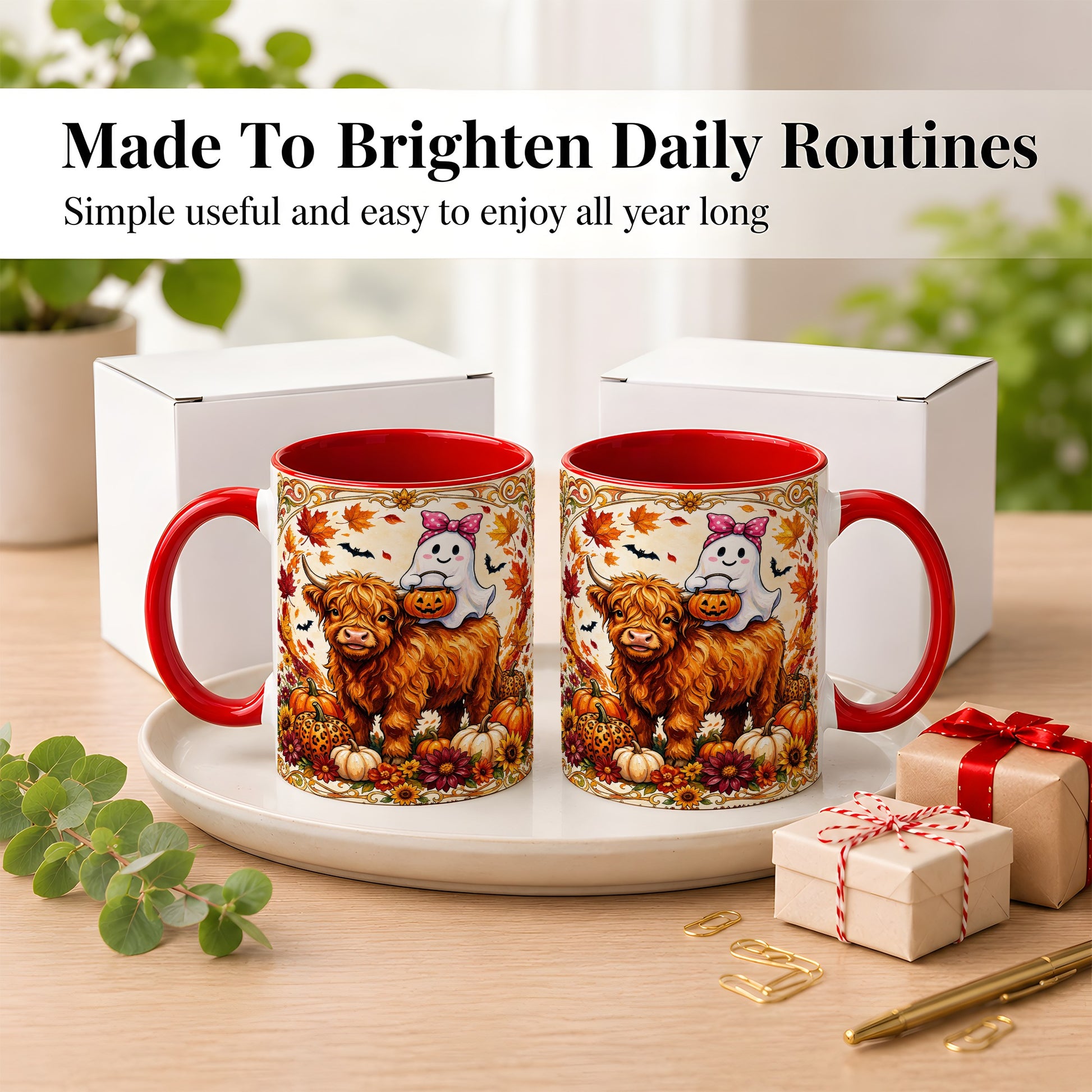 #pl[11oz|Red] Highland Cow Ghost Coffee Mug, Pumpkin Cow Mug, Ceramic Cup