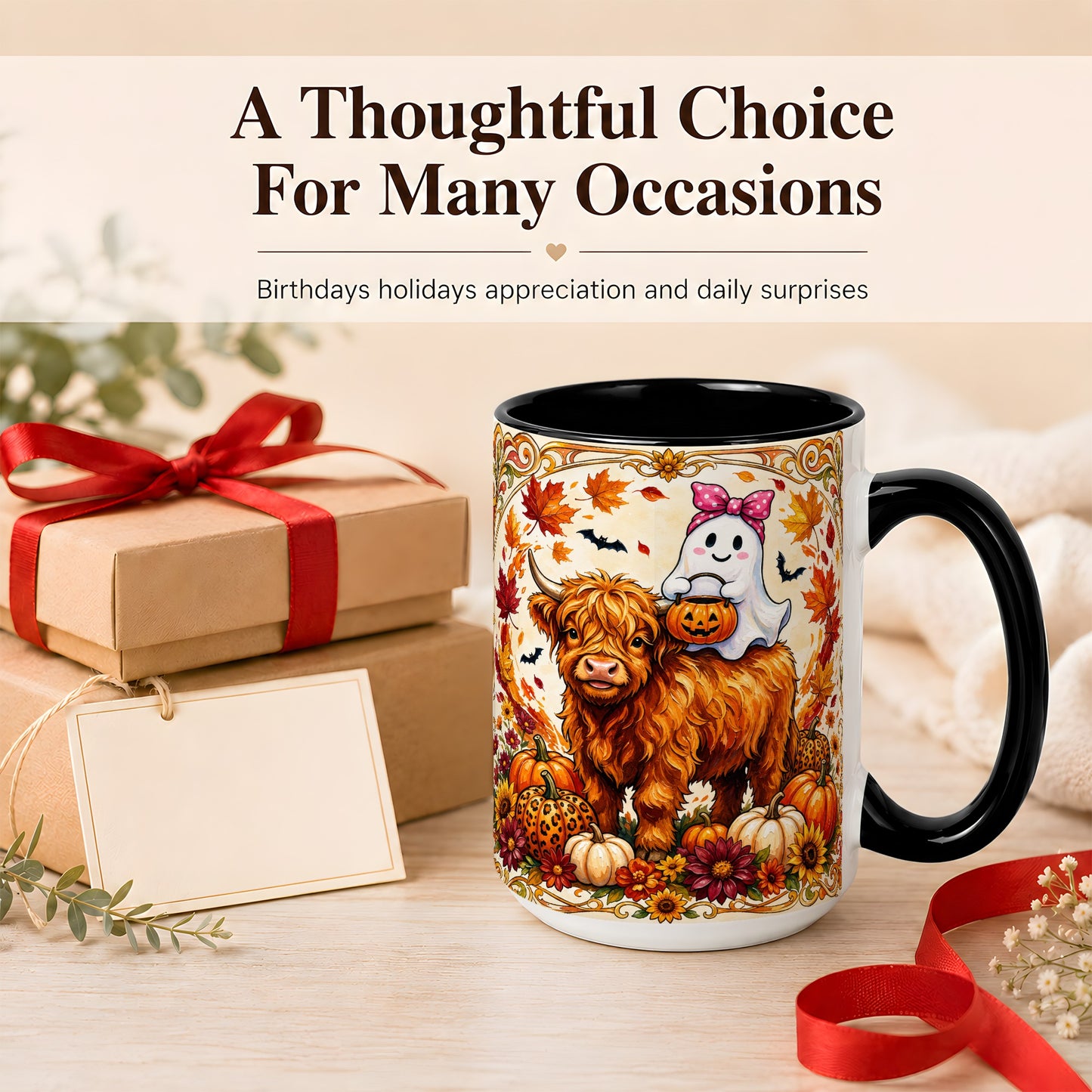 #pl[15oz|Black] Highland Cow Ghost Coffee Mug, Pumpkin Cow Mug, Ceramic Cup