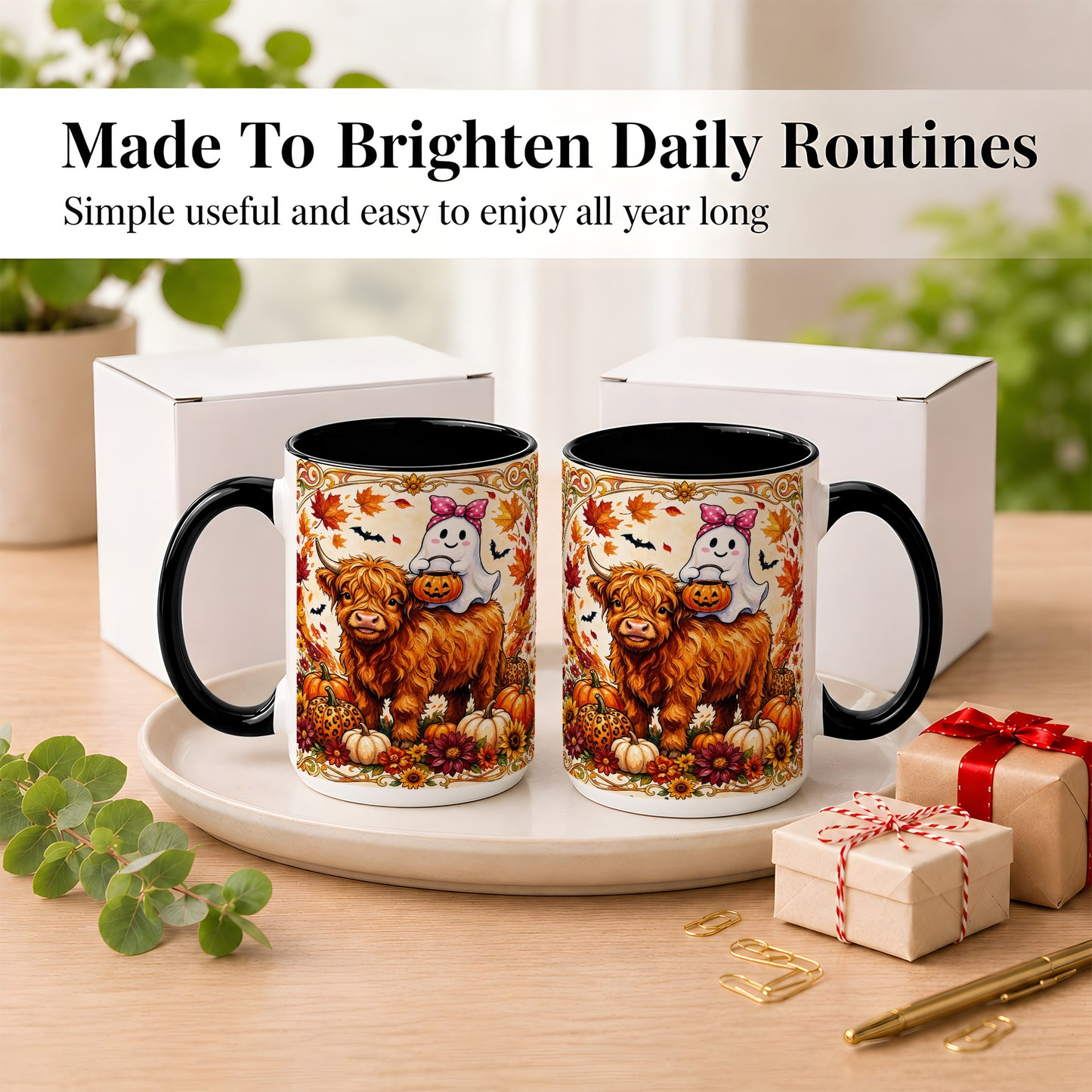 #pl[15oz|Black] Highland Cow Ghost Coffee Mug, Pumpkin Cow Mug, Ceramic Cup