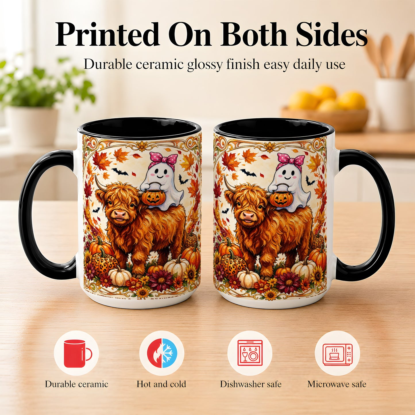 #pl[15oz|Black] Highland Cow Ghost Coffee Mug, Pumpkin Cow Mug, Ceramic Cup