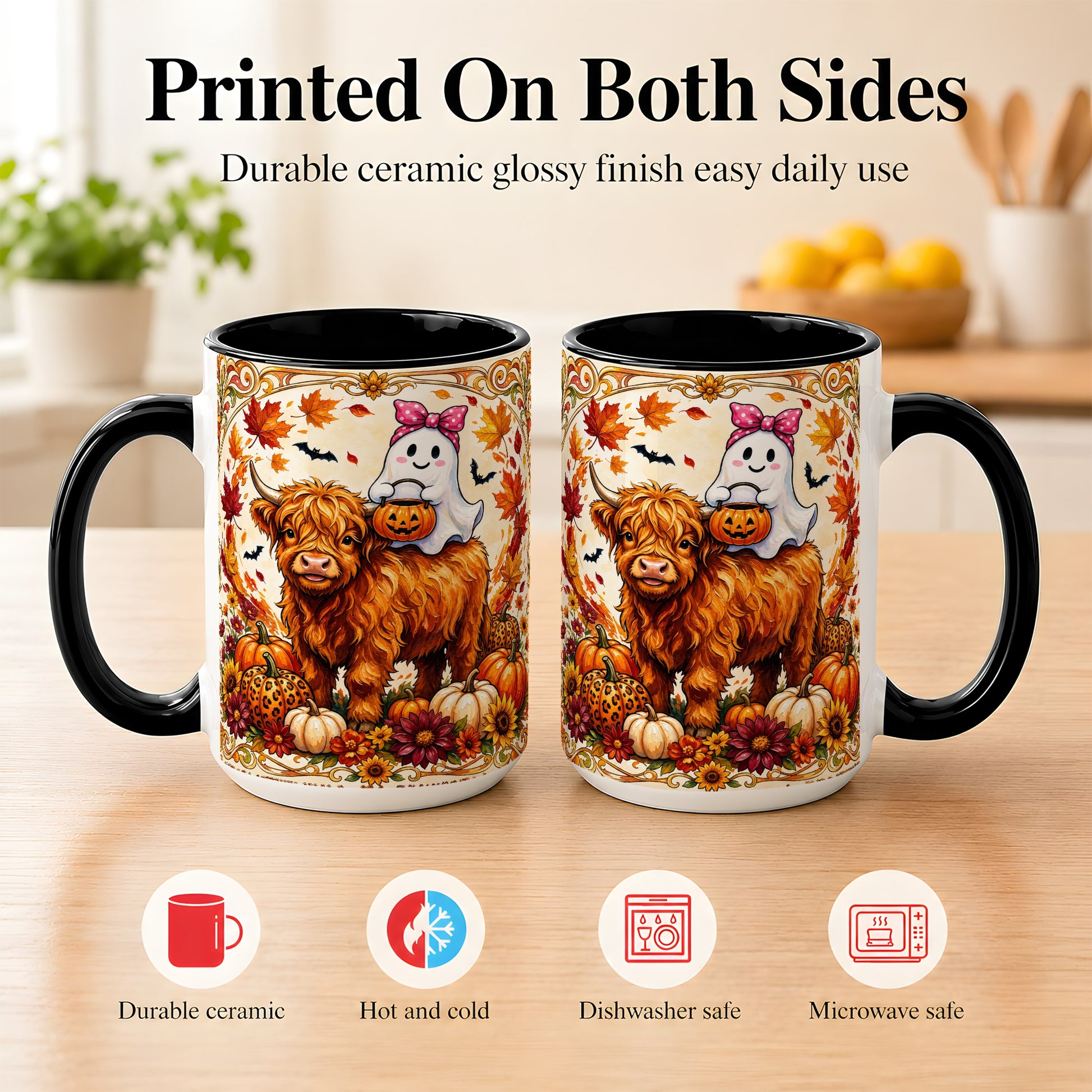 #pl[15oz|Black] Highland Cow Ghost Coffee Mug, Pumpkin Cow Mug, Ceramic Cup
