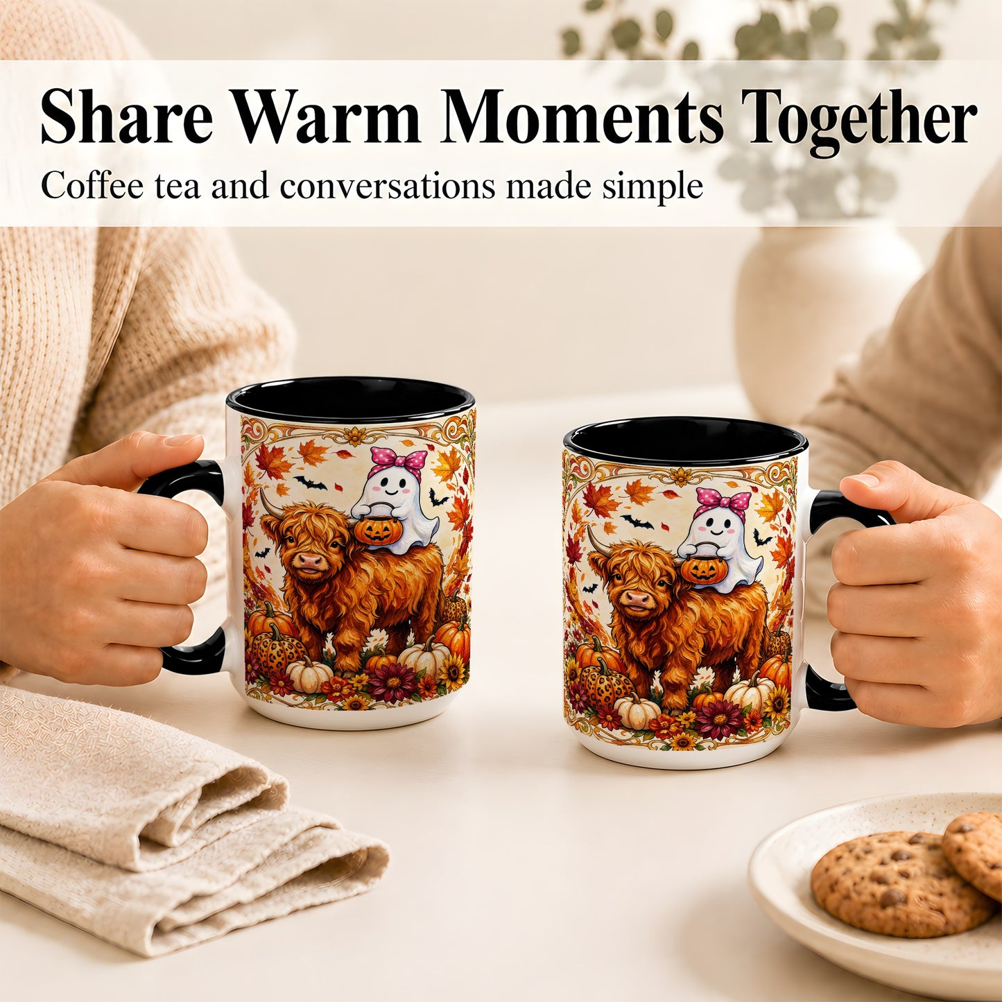 #pl[15oz|Black] Highland Cow Ghost Coffee Mug, Pumpkin Cow Mug, Ceramic Cup