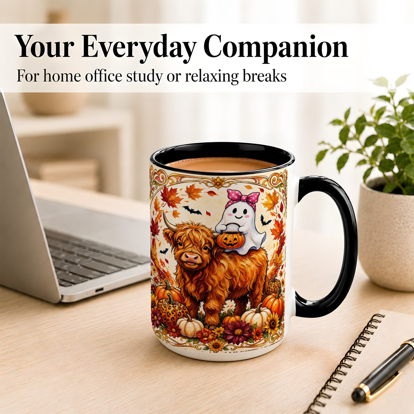 #pl[15oz|Black] Highland Cow Ghost Coffee Mug, Pumpkin Cow Mug, Ceramic Cup